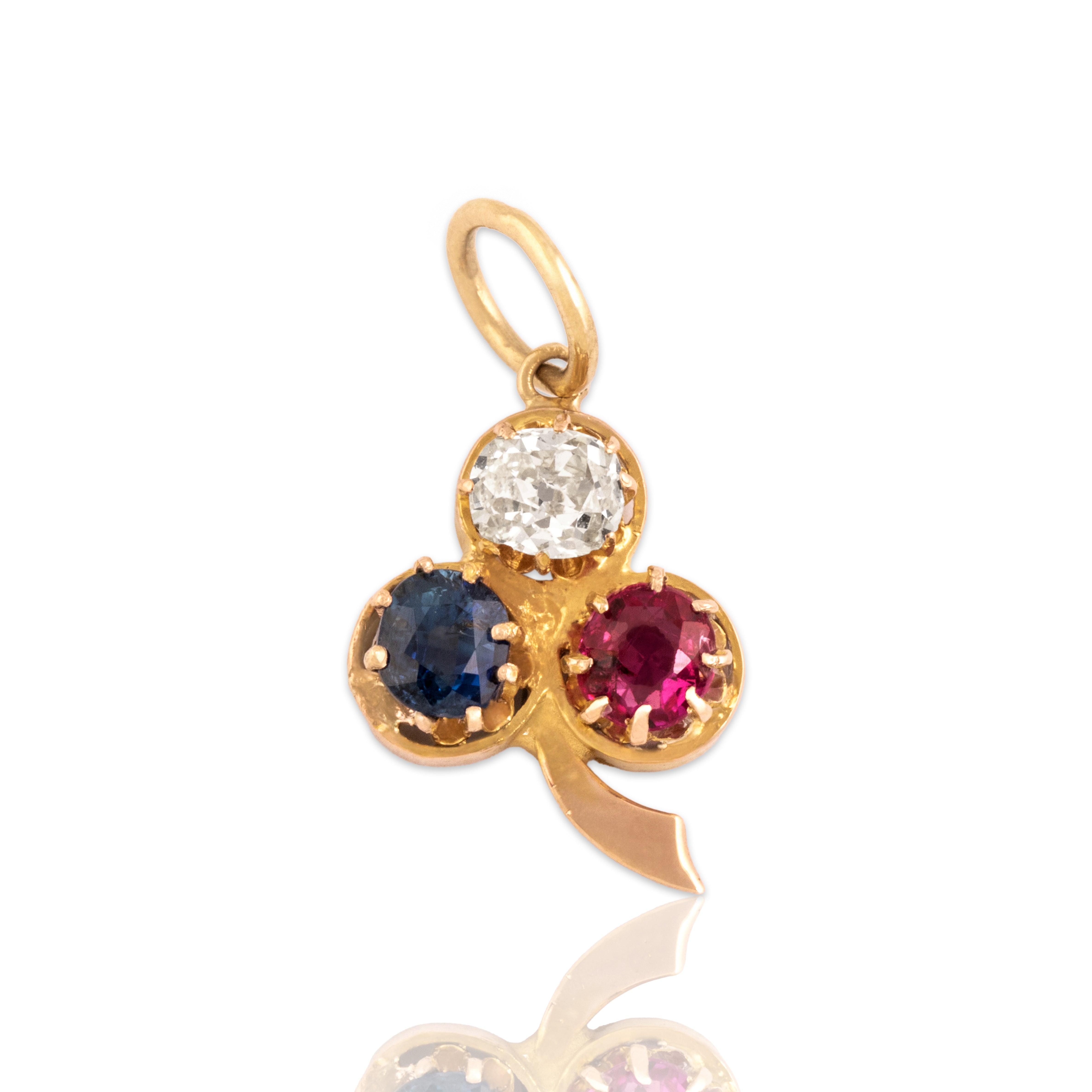 Antique Victorian 14k Rosy Yellow Gold Blue Sapphire Ruby Old Mine Diamond Pendant