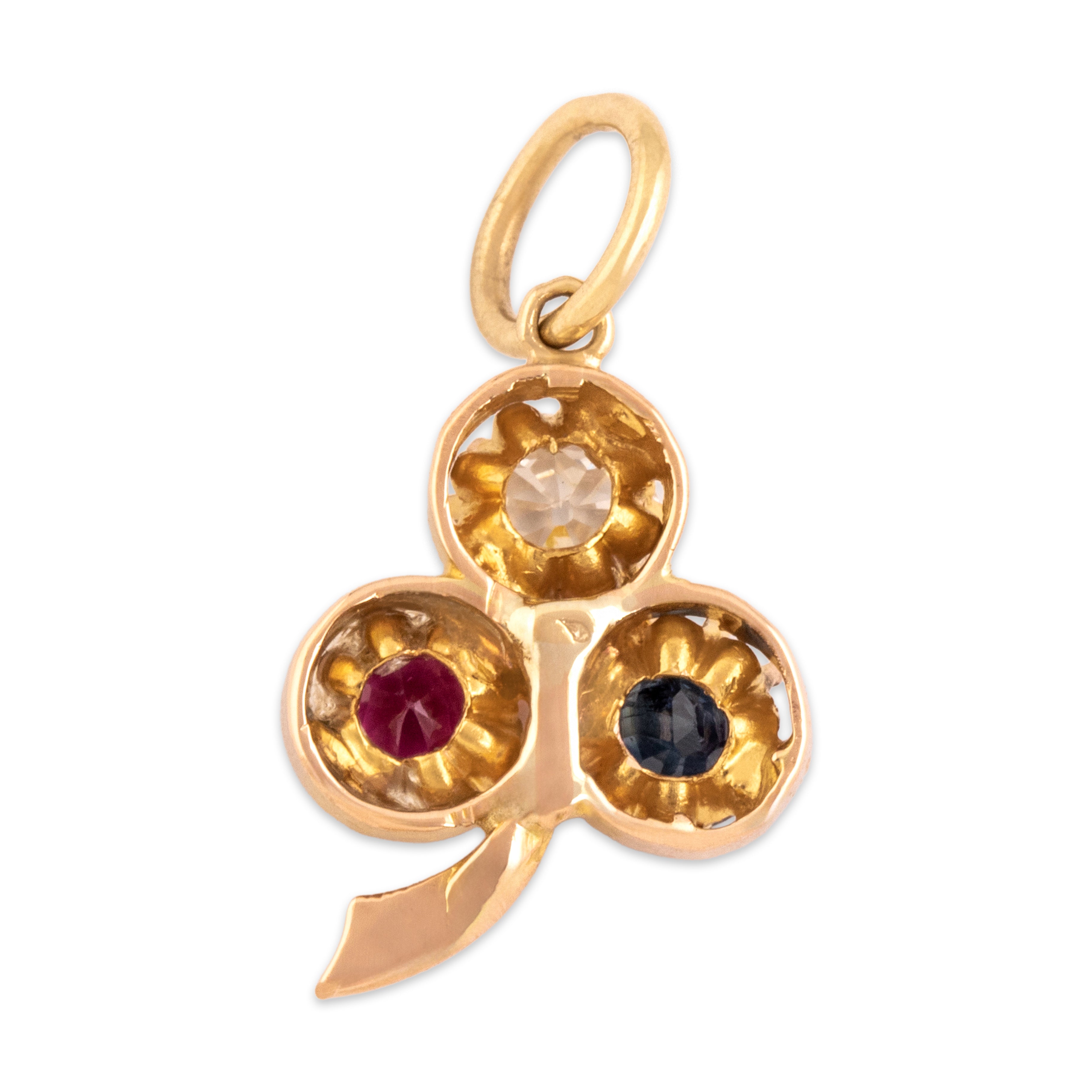 Antique Victorian 14k Rosy Yellow & Yellow Gold Blue Sapphire Ruby Old Mine Cut Diamond Adorable Bright Clover Pendant - Back view