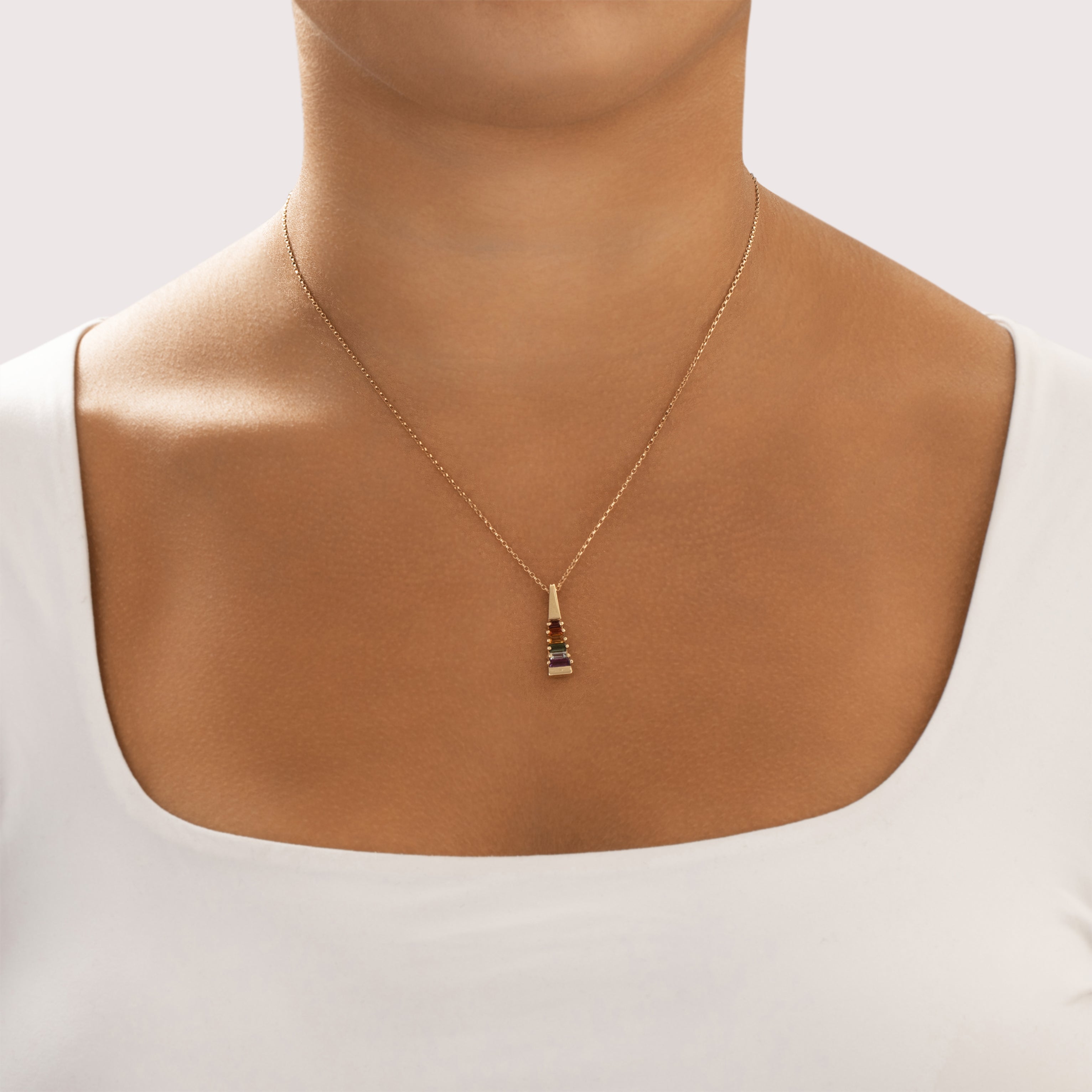 Vintage 14k Yellow Gold Citrine Amethyst Green Tourmaline Aquamarine Garnet Graduated Rainbow Ladder Pendant - On model view