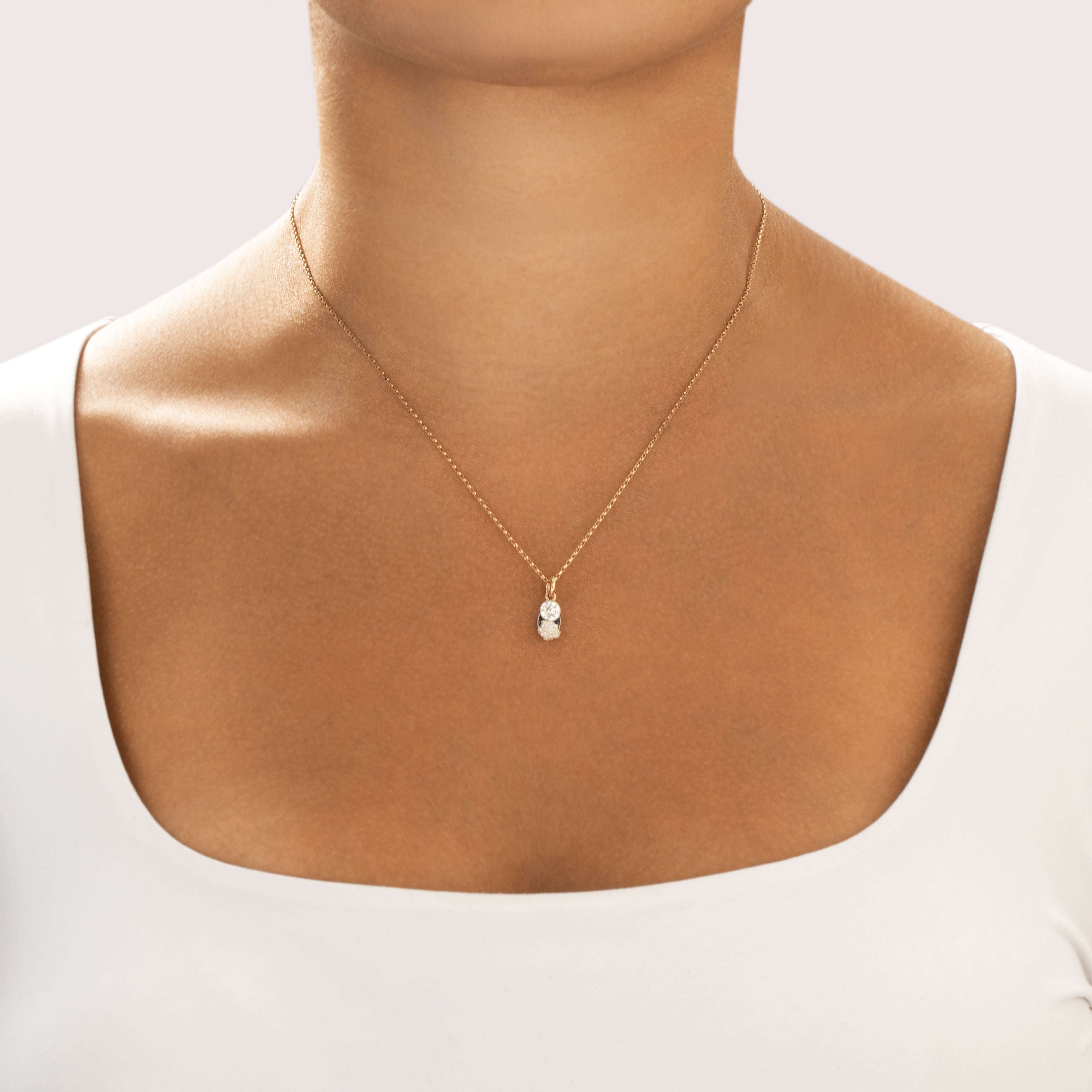 Antique Art Deco Platinum & 14k Rosy Yellow Gold .51ct Natural Old European Cut Diamond Blue Synthetic Sapphire Pearl Unusual Naturalistic Sparkling Charm / Pendant - On model view