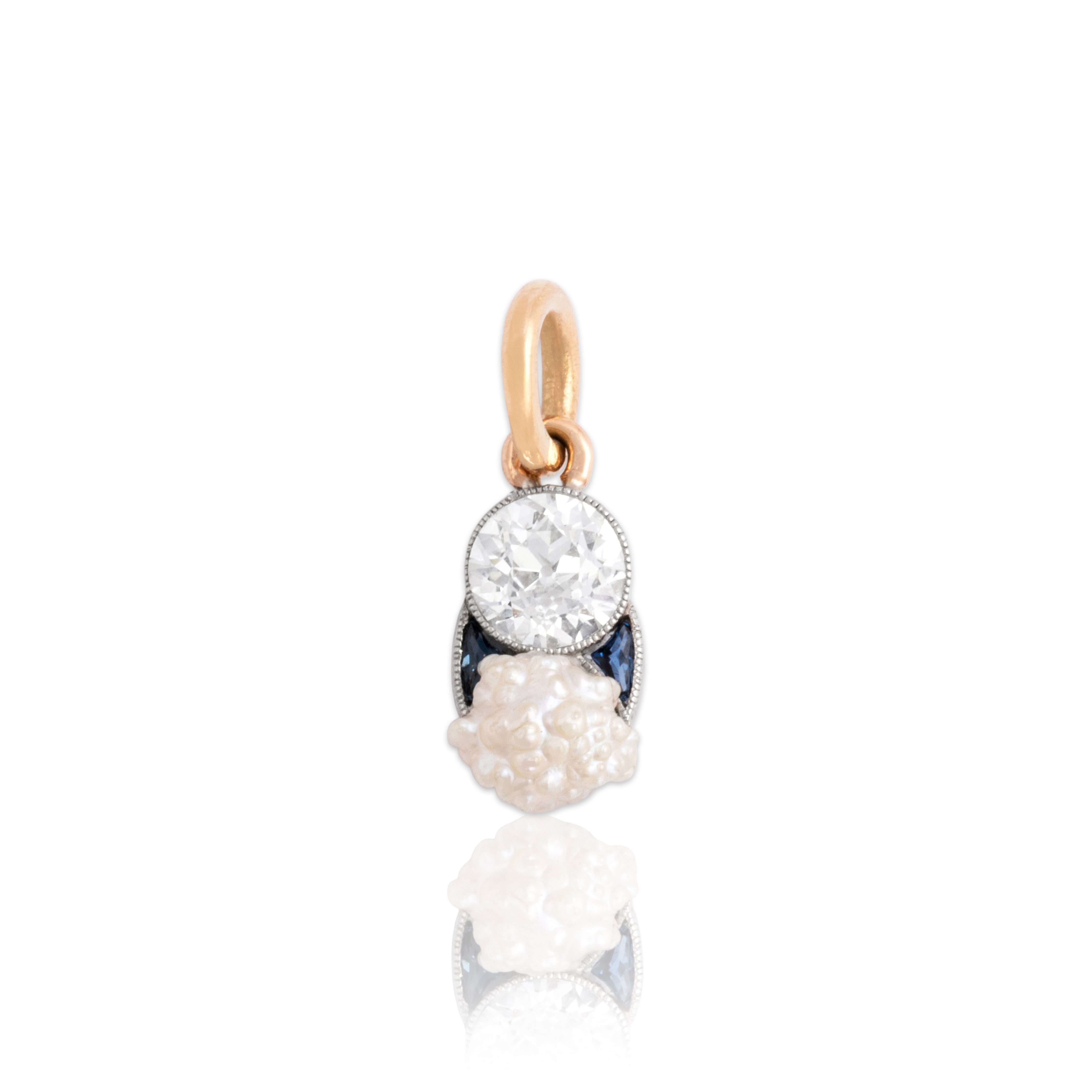 Antique Platinum & 14k Rosy Yellow Gold .51ct Natural Old Euro Diamond Blue Synthetic Sapphire Pearl Pendant