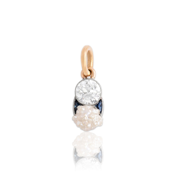 Antique Platinum & 14k Rosy Yellow Gold .51ct Natural Old Euro Diamond Blue Synthetic Sapphire Pearl Pendant
