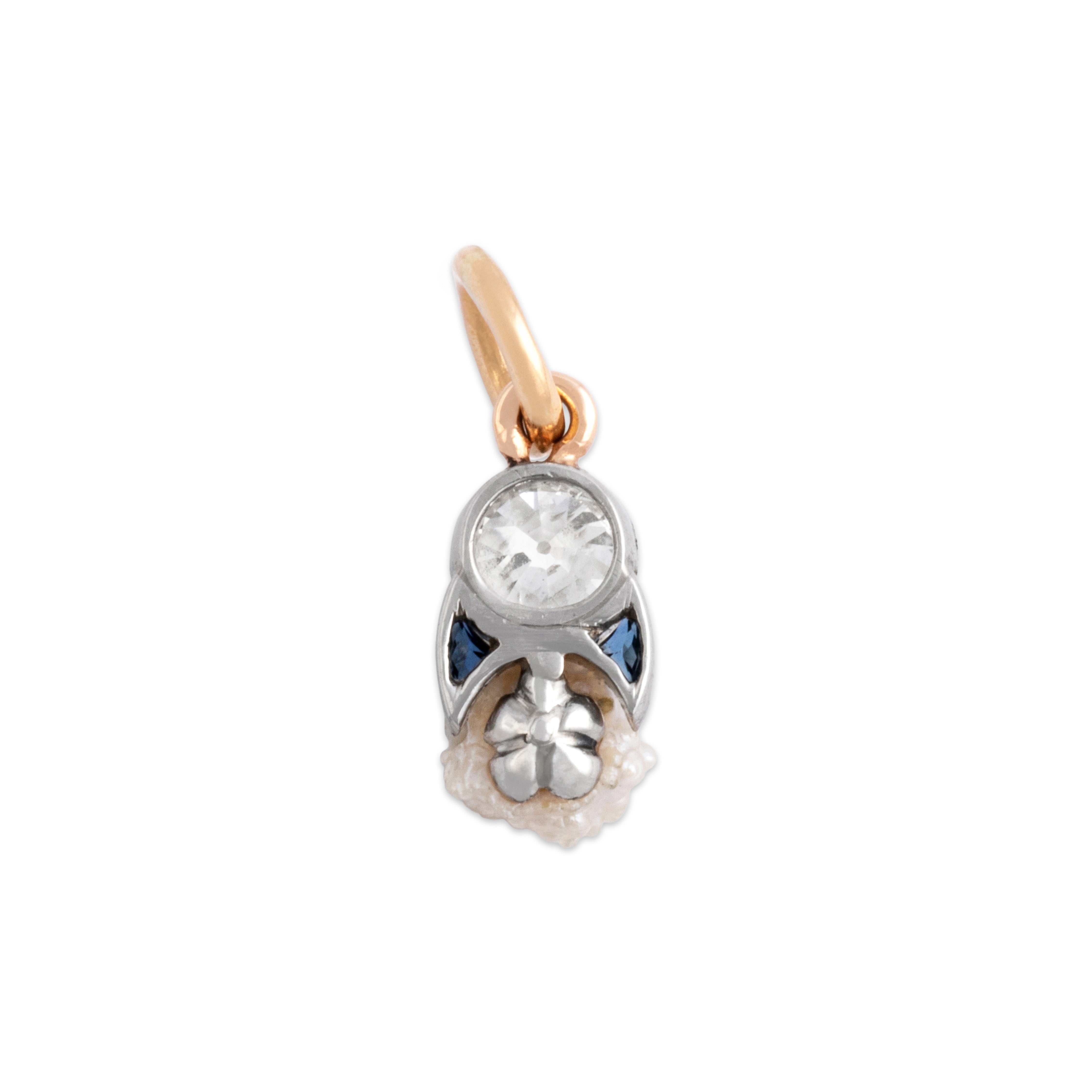Antique Platinum & 14k Rosy Yellow Gold .51ct Natural Old Euro Diamond Blue Synthetic Sapphire Pearl Pendant