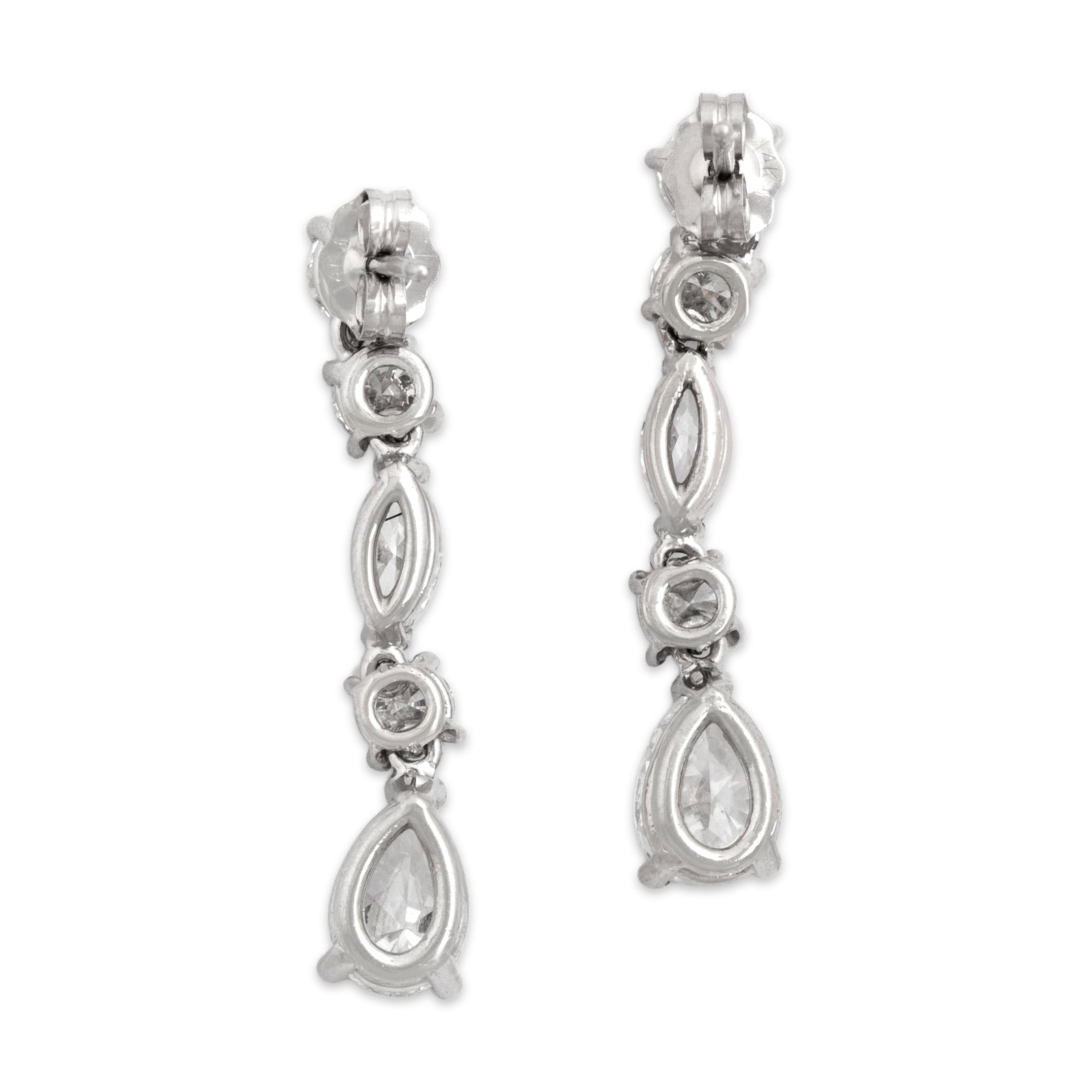 Vintage 14k White Gold 2.77cttw Diamond Elegant Mixed-Cut Drop Dangle Earrings - Back view