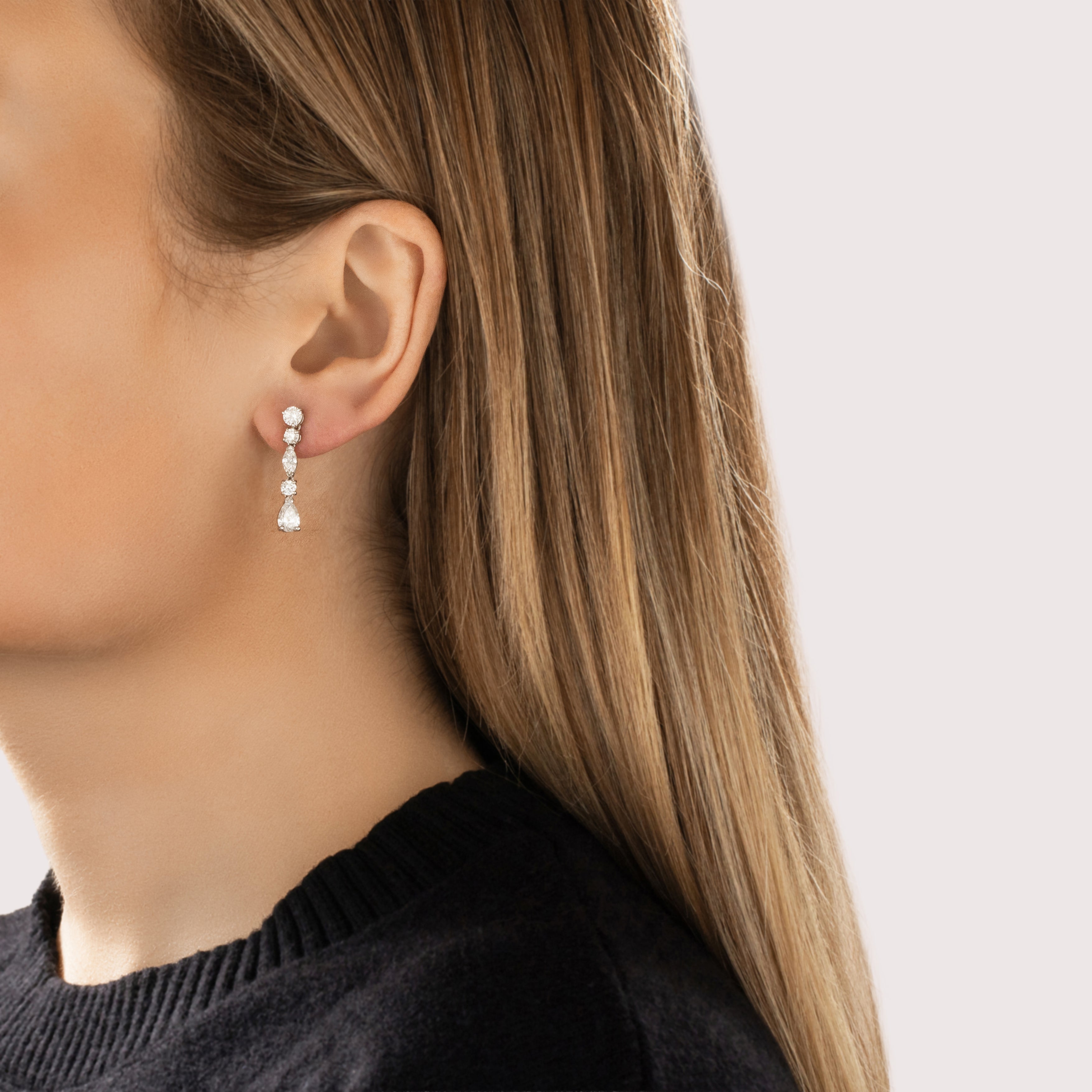 Vintage 14k White Gold 2.77cttw Diamond Elegant Mixed-Cut Drop Dangle Earrings - On model view