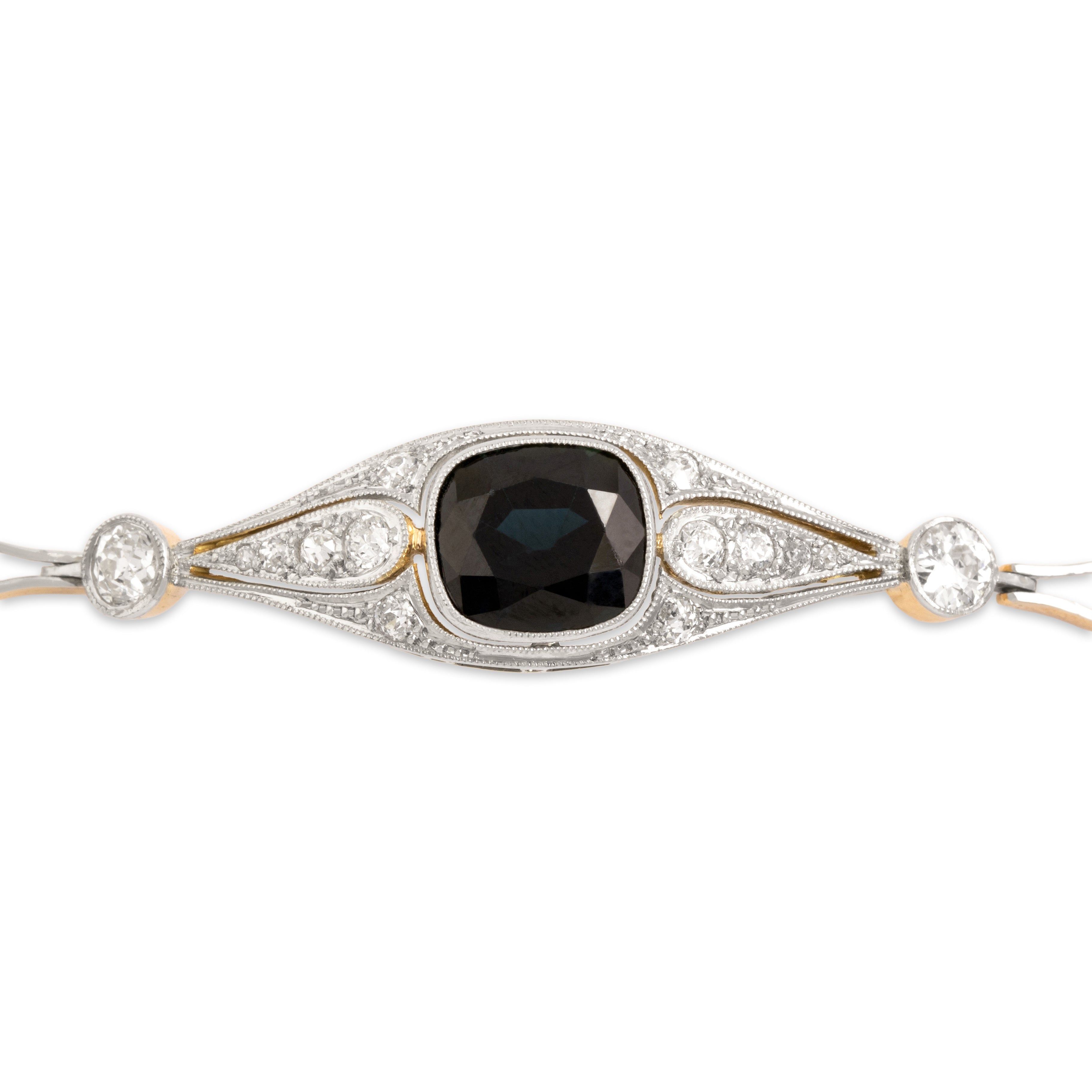 Antique 18k Yellow Gold & Platinum 3.78ct Dark Blue-Green Sapphire Old Mine Diamond Bracelet 6.25