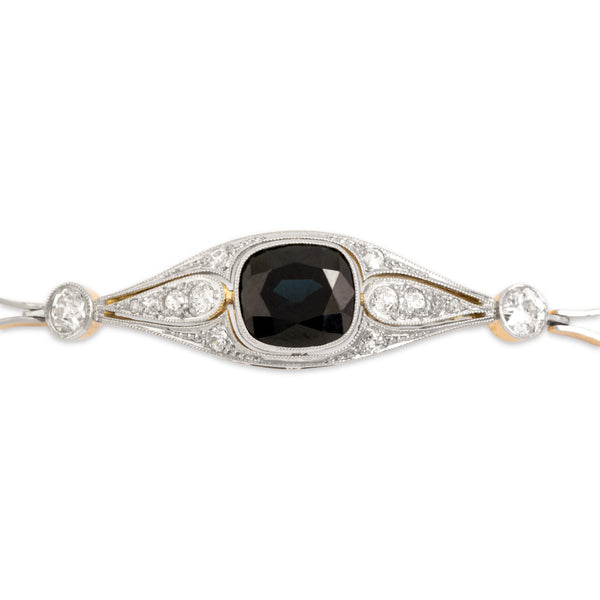 Antique 18k Yellow Gold & Platinum 3.78ct Dark Blue-Green Sapphire Old Mine Diamond Bracelet 6.25"