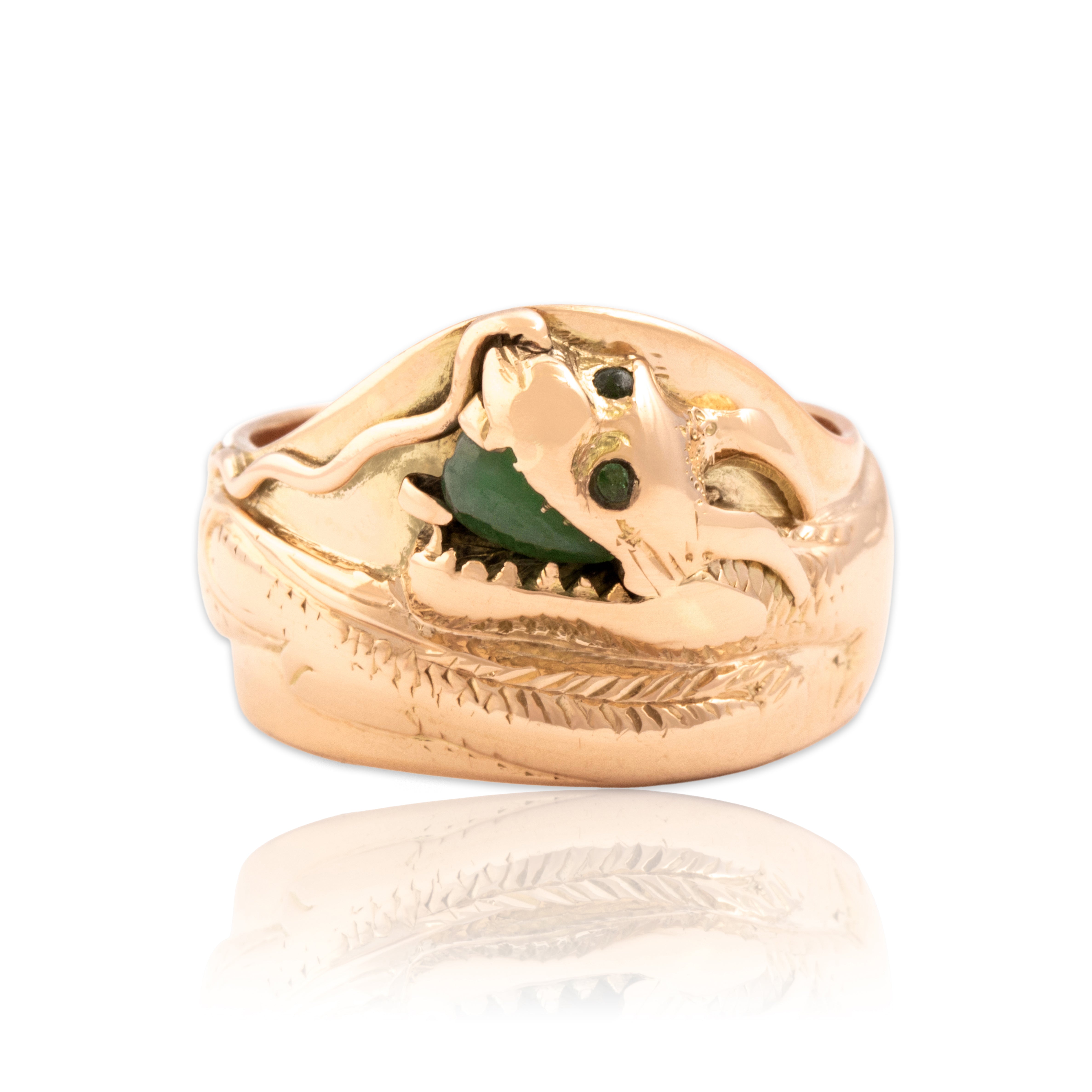 Vintage Heavy 14k Rosy Yellow Gold Jade Sinuous Wrapping Dragon Band Ring 10.50