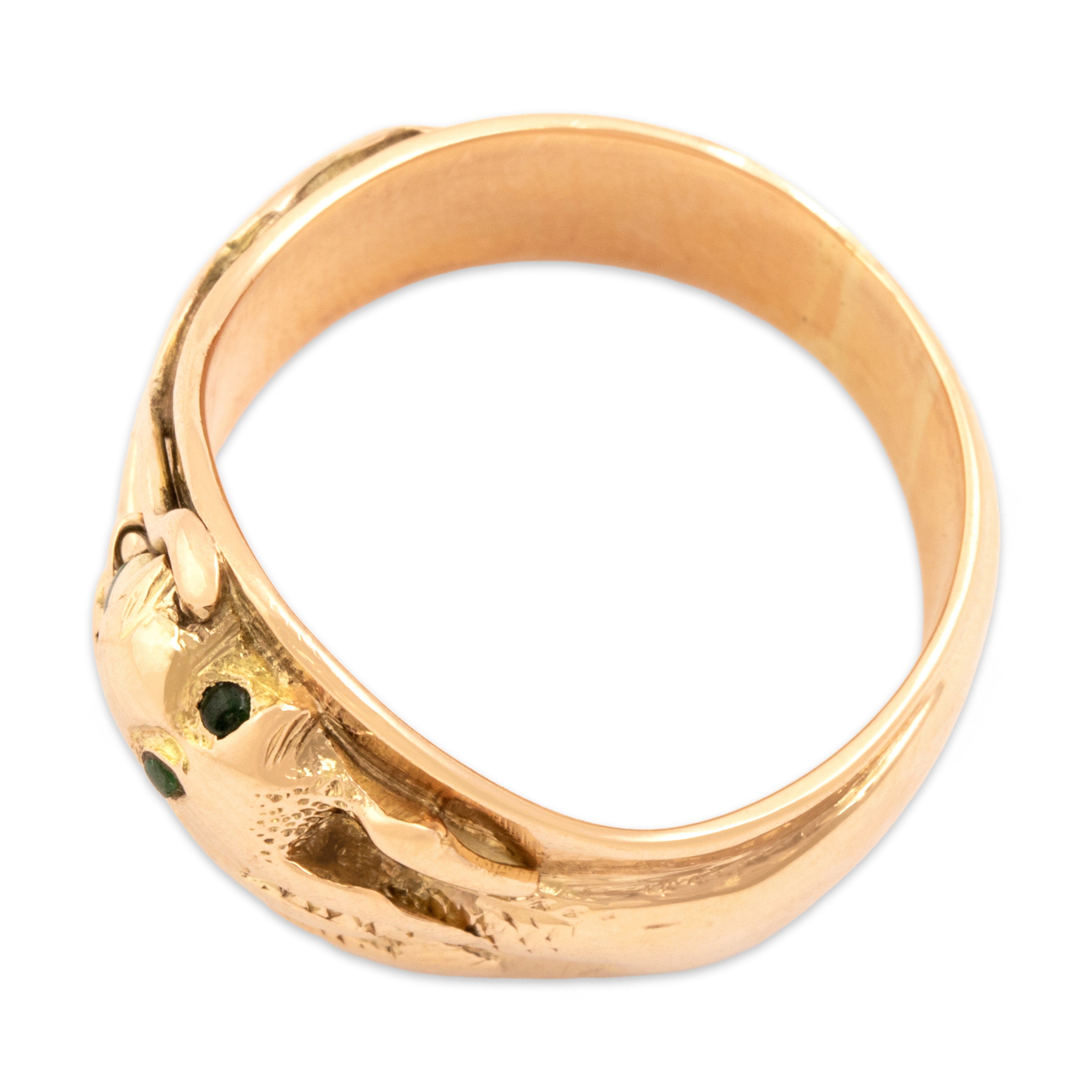 Vintage Heavy 14k Rosy Yellow Gold Jade Sinuous Wrapping Dragon Wide Band Ring - Overall view