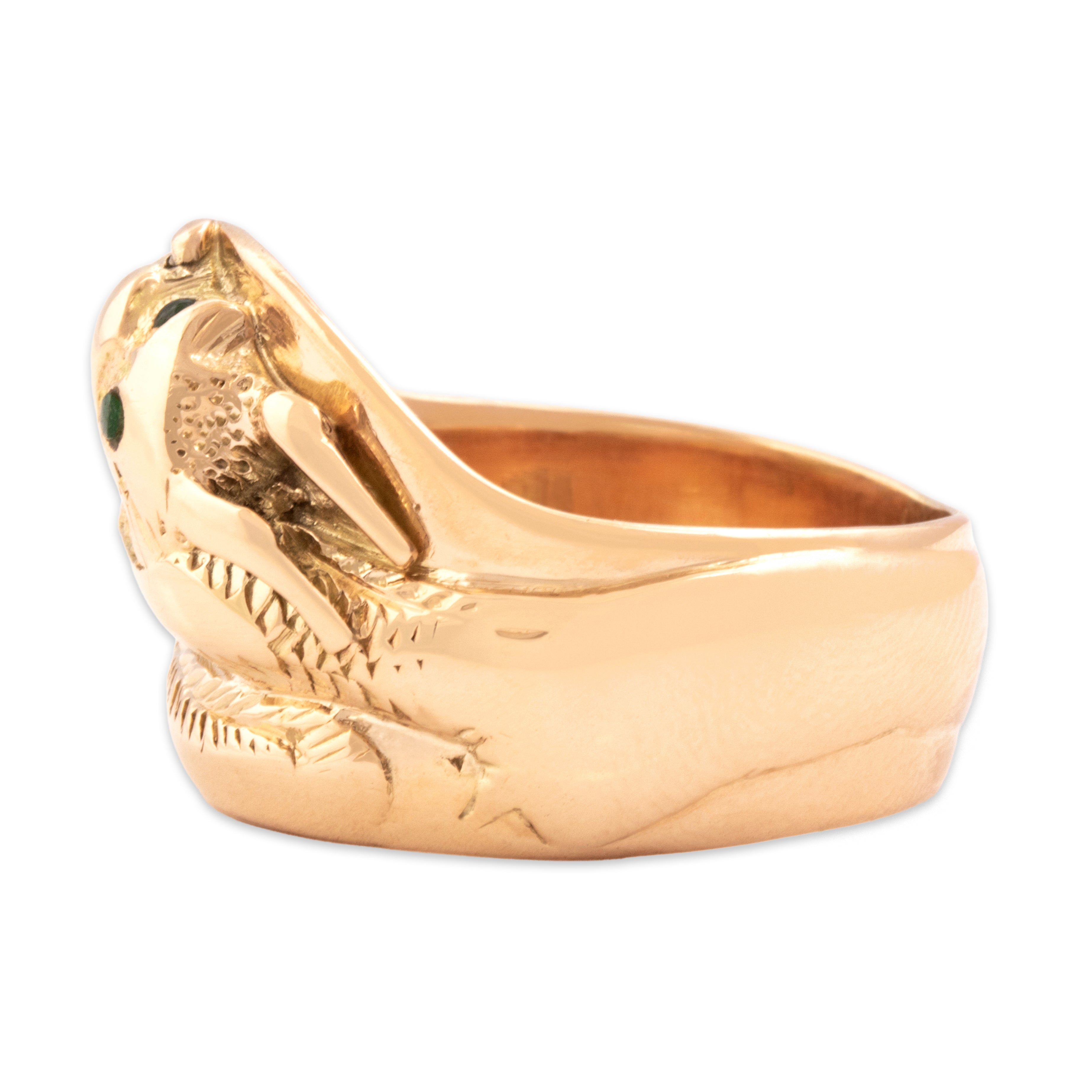 Vintage Heavy 14k Rosy Yellow Gold Jade Sinuous Wrapping Dragon Wide Band Ring - Side view