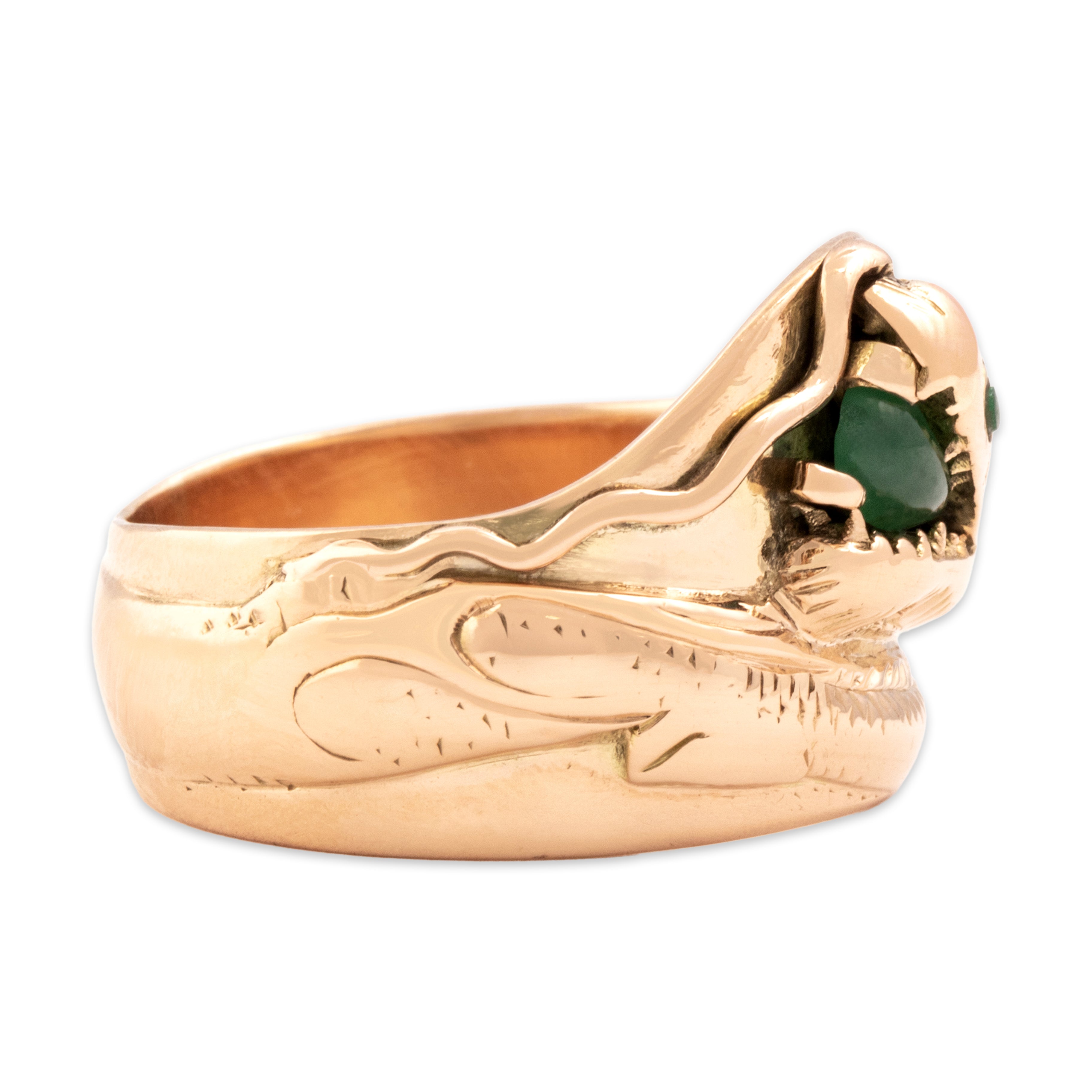 Vintage Heavy 14k Rosy Yellow Gold Jade Sinuous Wrapping Dragon Wide Band Ring - Side view
