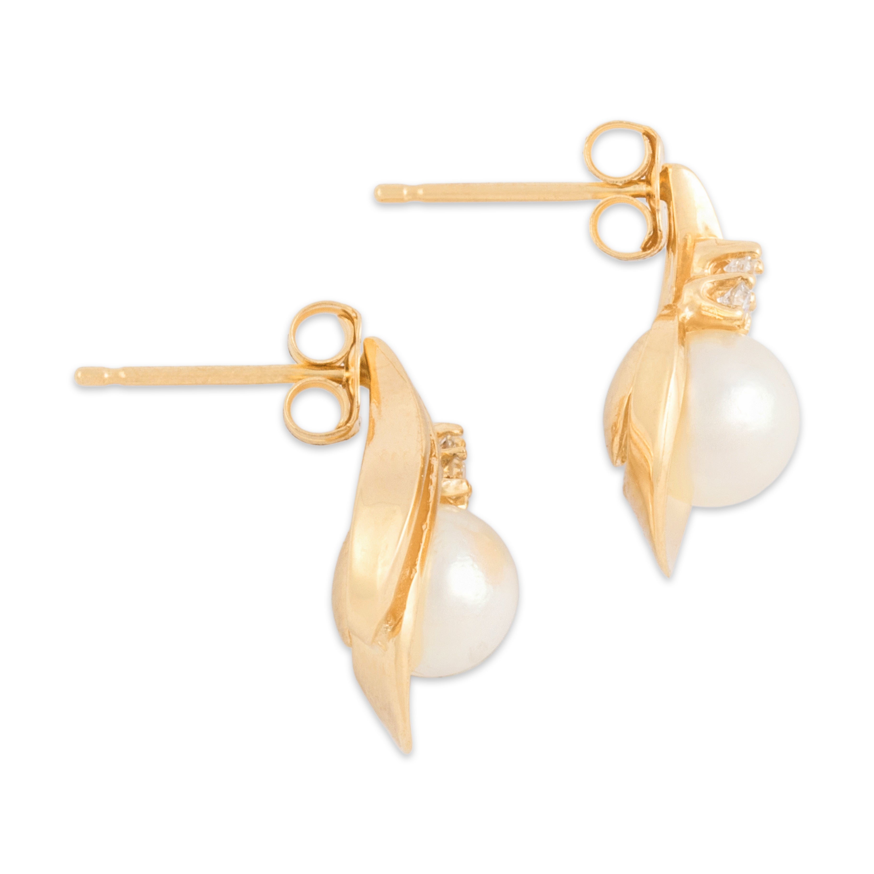 Vintage 14k Yellow Gold Diamond Pearl Elegant Cluster Ribbon Swirl Stud Earrings