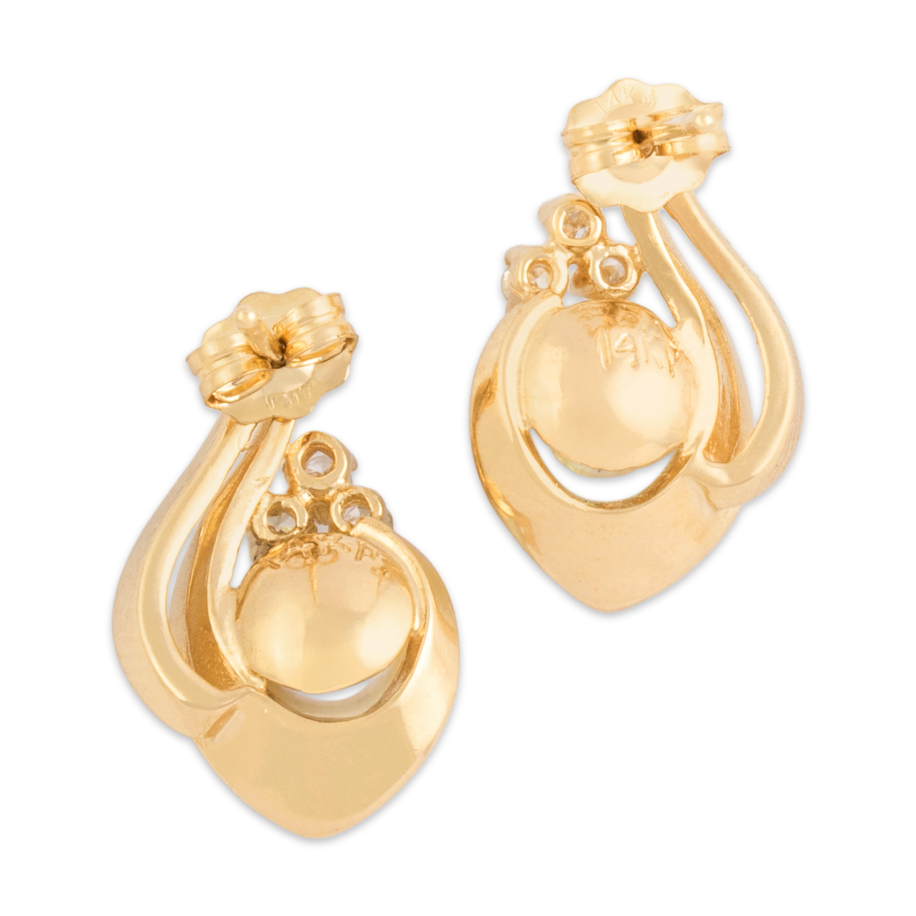 Vintage 14k Yellow Gold Diamond Pearl Elegant Cluster Ribbon Swirl Stud Earrings