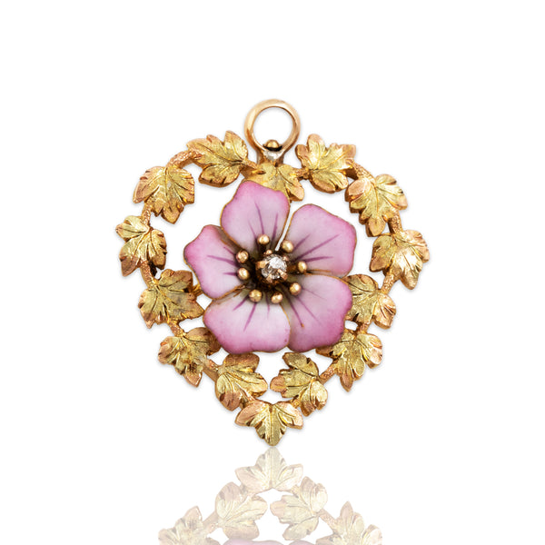 Antique Victorian 14k Yellow & Rosy Yellow Gold Old Mine Cut Diamond Pink Enamel Floral Heart Wreath Pendant
