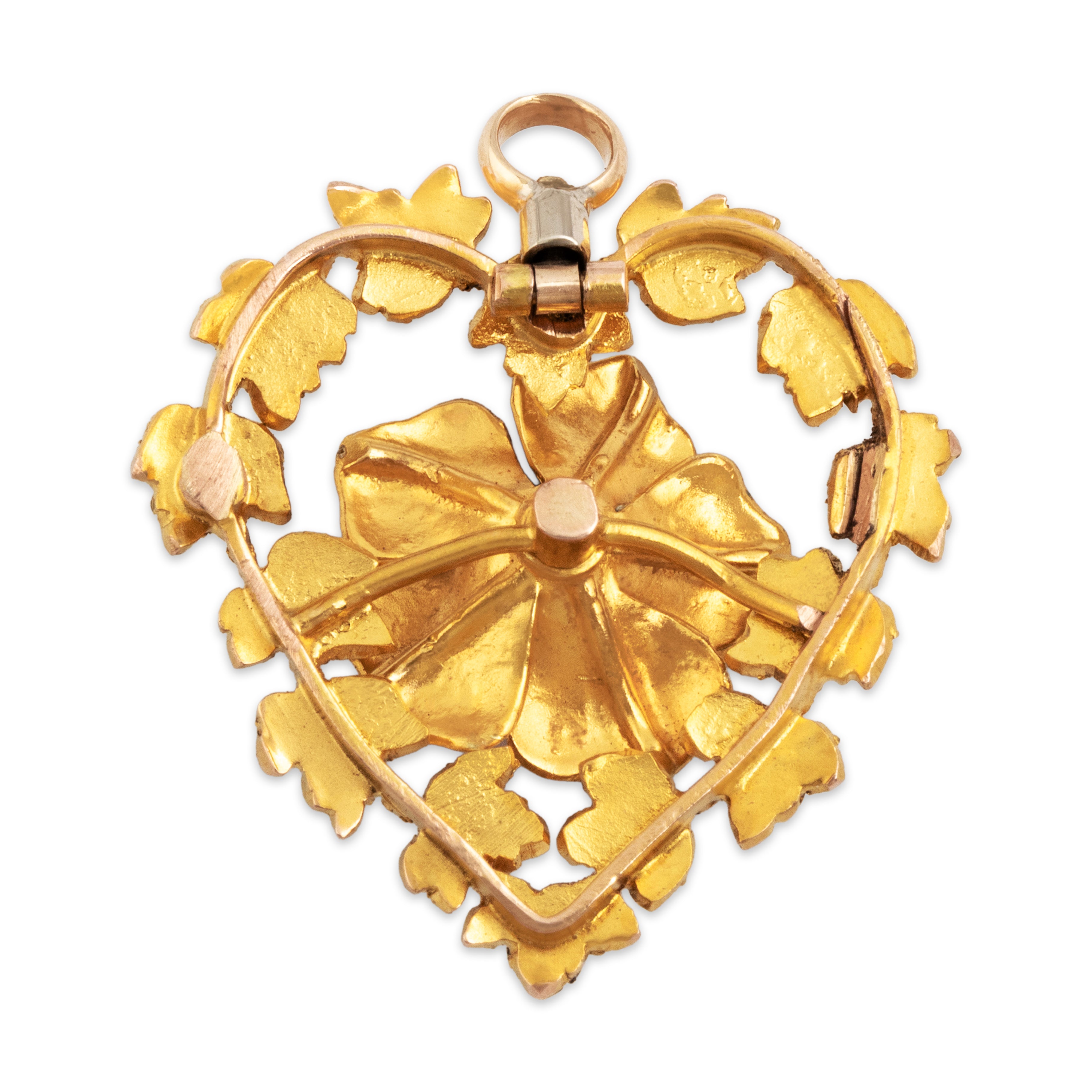Antique Victorian 14k Yellow & Rosy Yellow Gold Old Mine Cut Diamond Pink Enamel Floral Heart Wreath Pendant - Back view