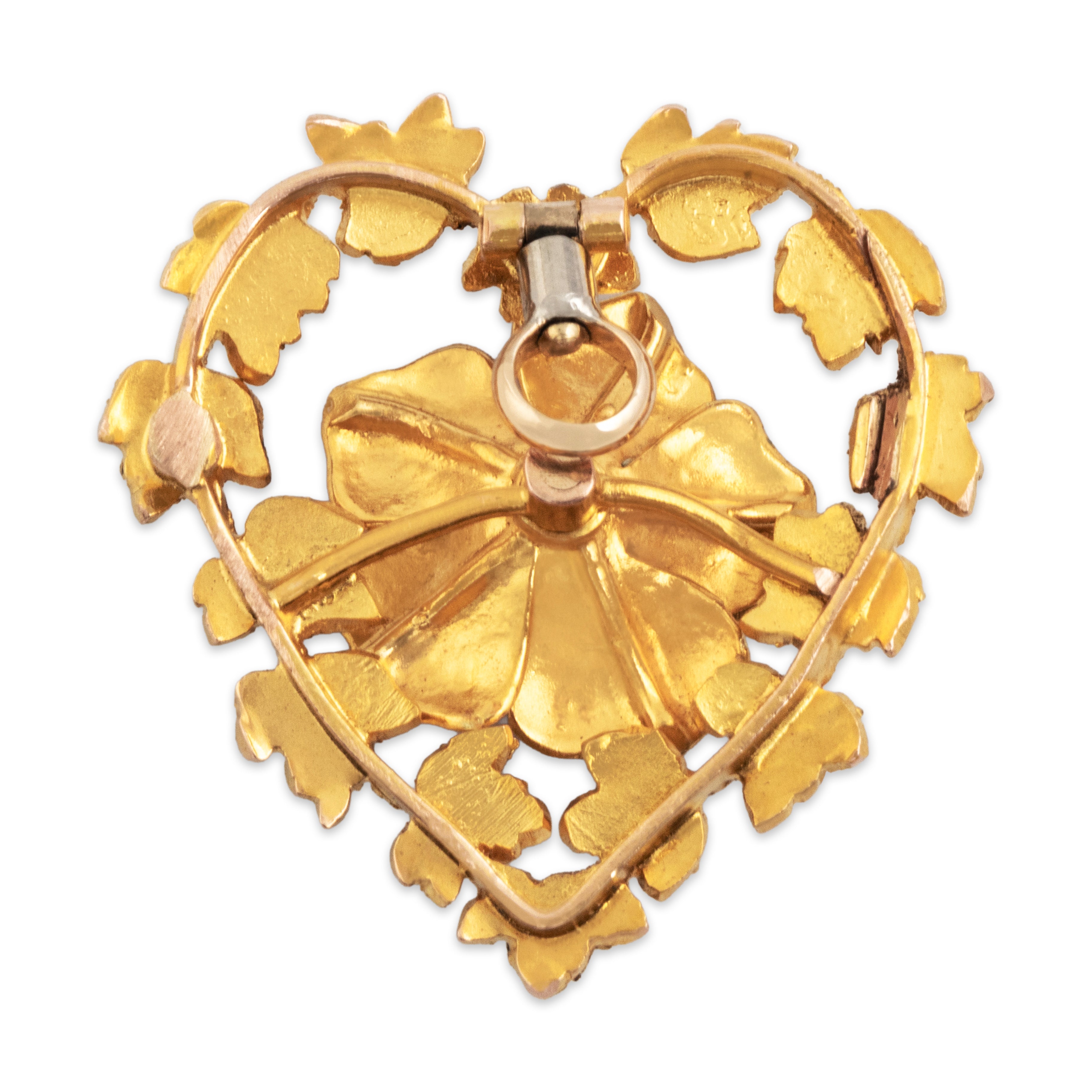 Antique Victorian 14k Yellow & Rosy Yellow Gold Old Mine Cut Diamond Pink Enamel Floral Heart Wreath Pendant - Back view