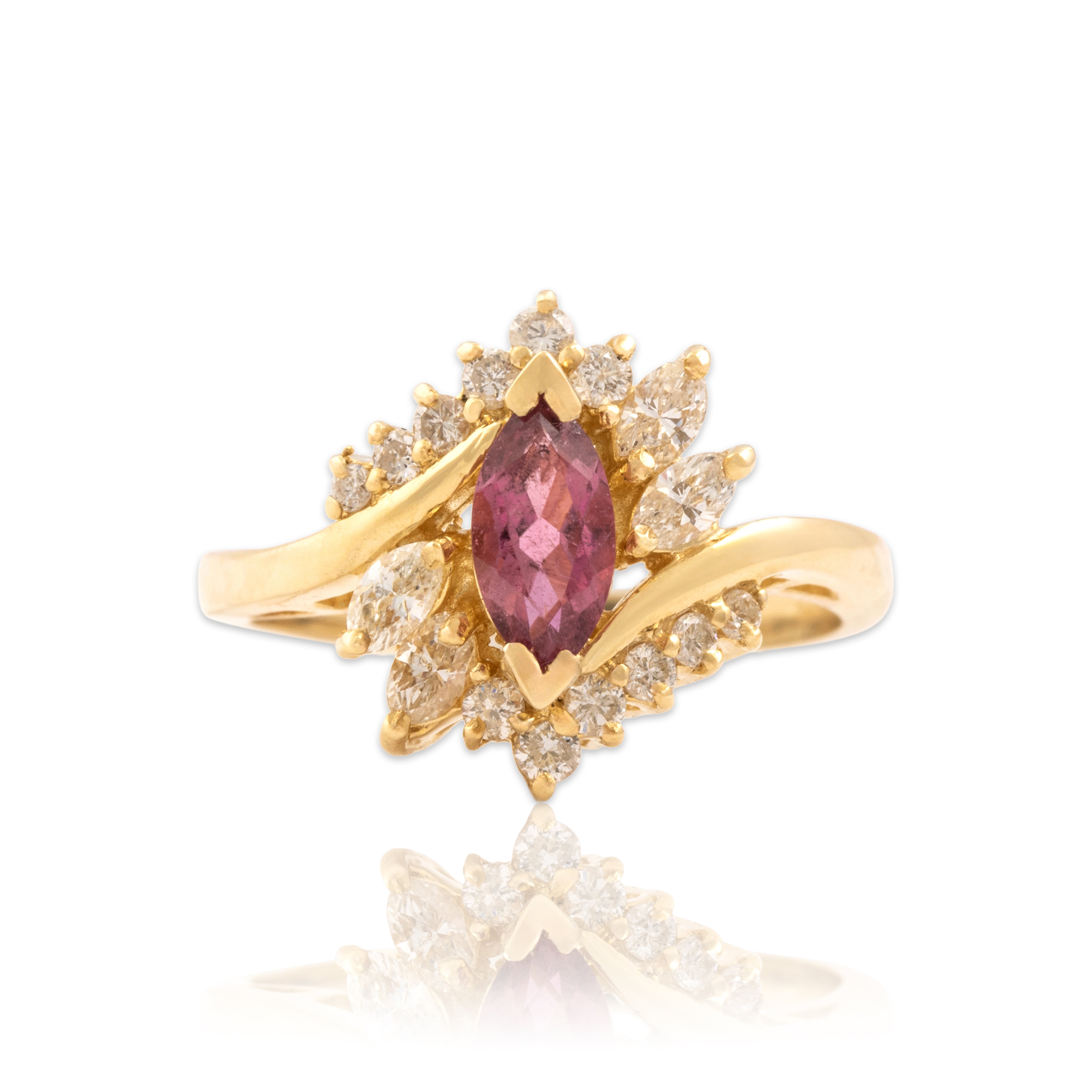 Vintage 14k Yellow Gold Pink Tourmaline Diamond Marquise Bypass Ring - Close-up view