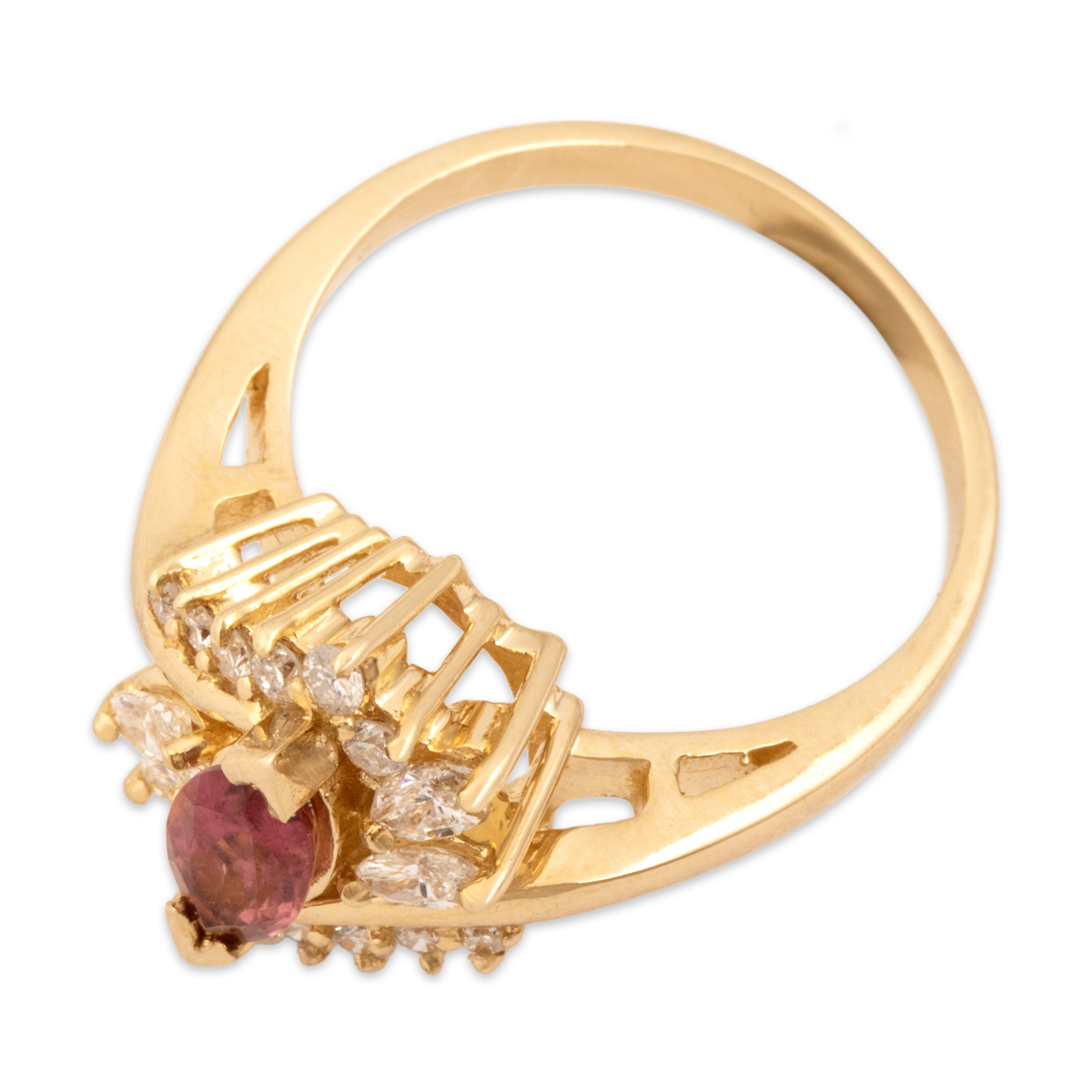 Vintage 14k Yellow Gold Pink Tourmaline Diamond Marquise Bypass Ring - Overall view