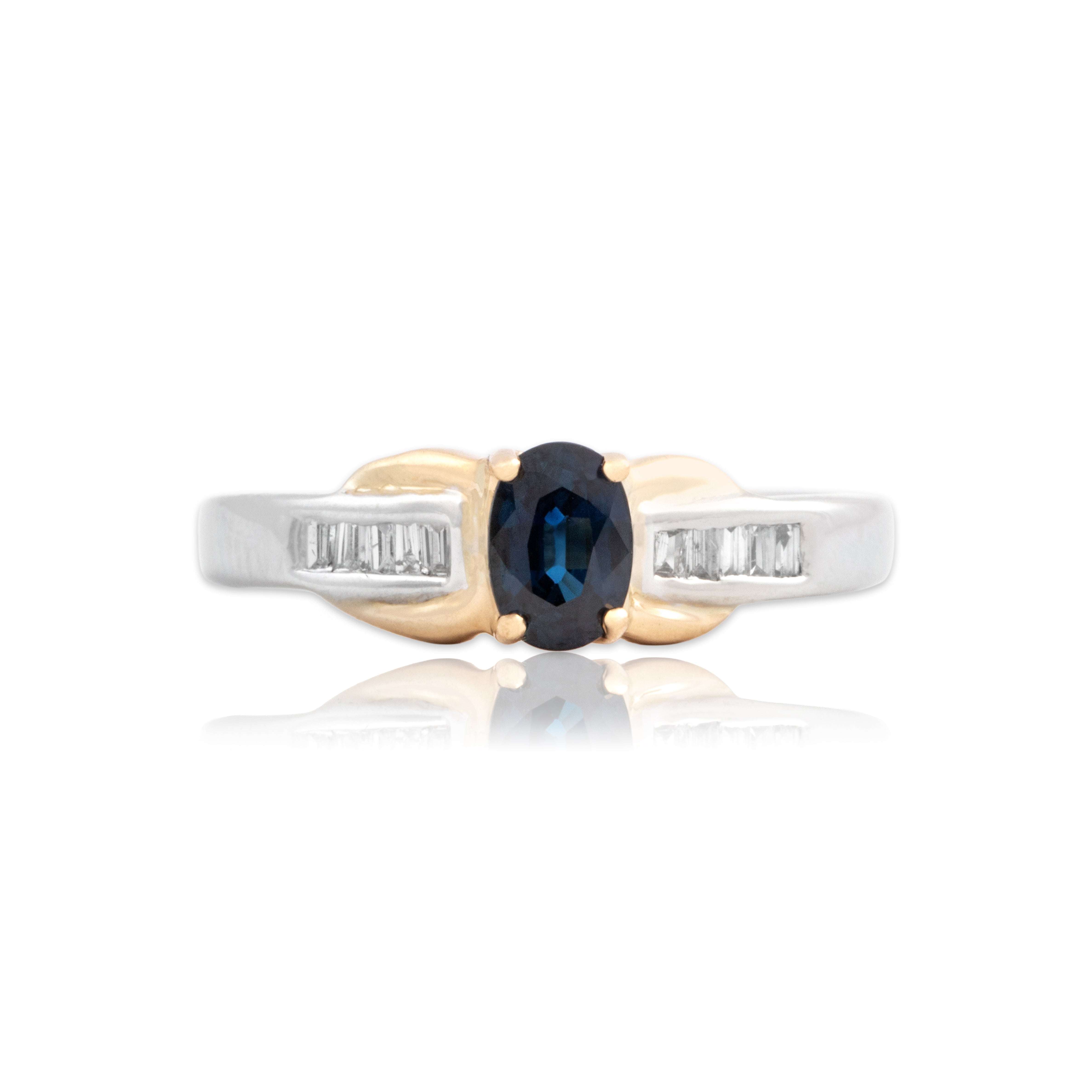 Vintage 14k White & Yellow Gold .62ct Blue Sapphire Diamond Fantastic Channel Shoulder Ring - Close-up view