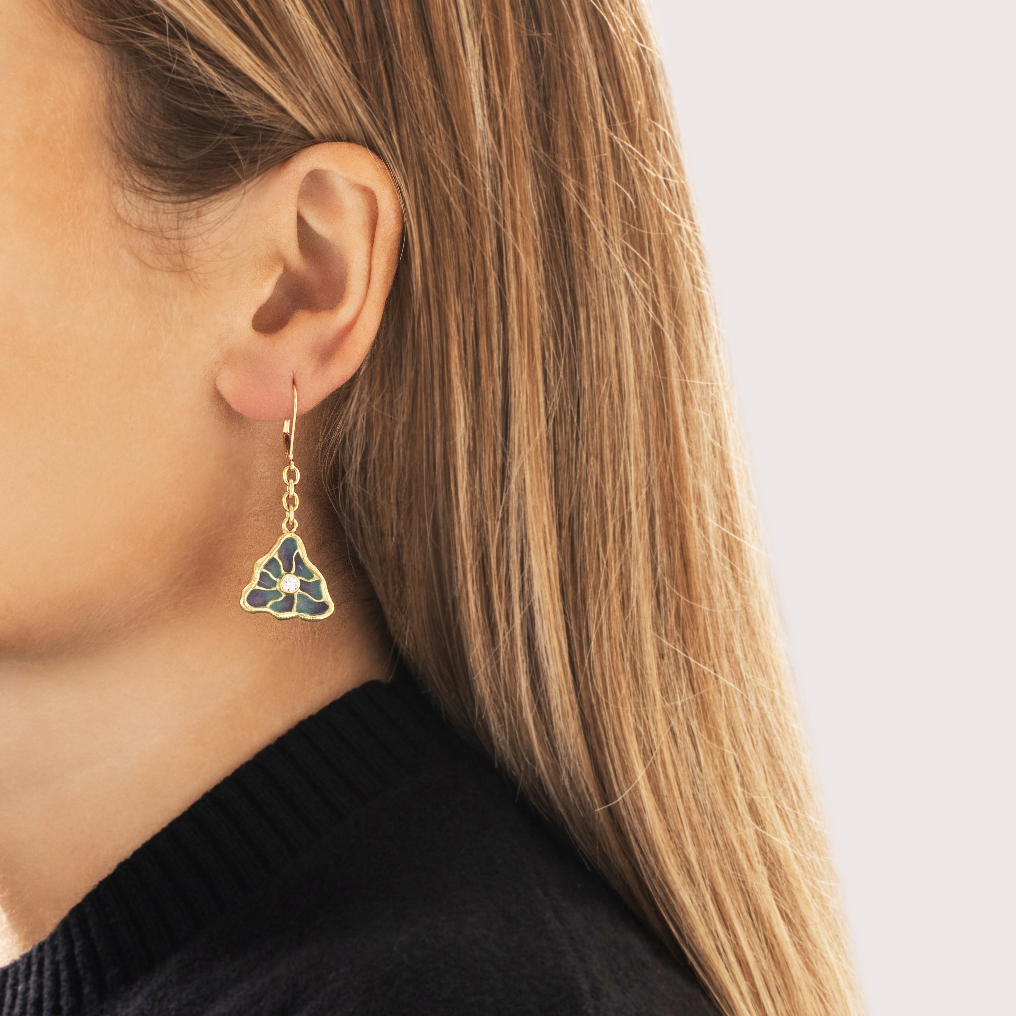 Vintage 18k Yellow Gold Old European Cut Diamond Phenonemal Plique-Ã -Jour Enamel Artistic Triangle Dangle Earrings - On model view