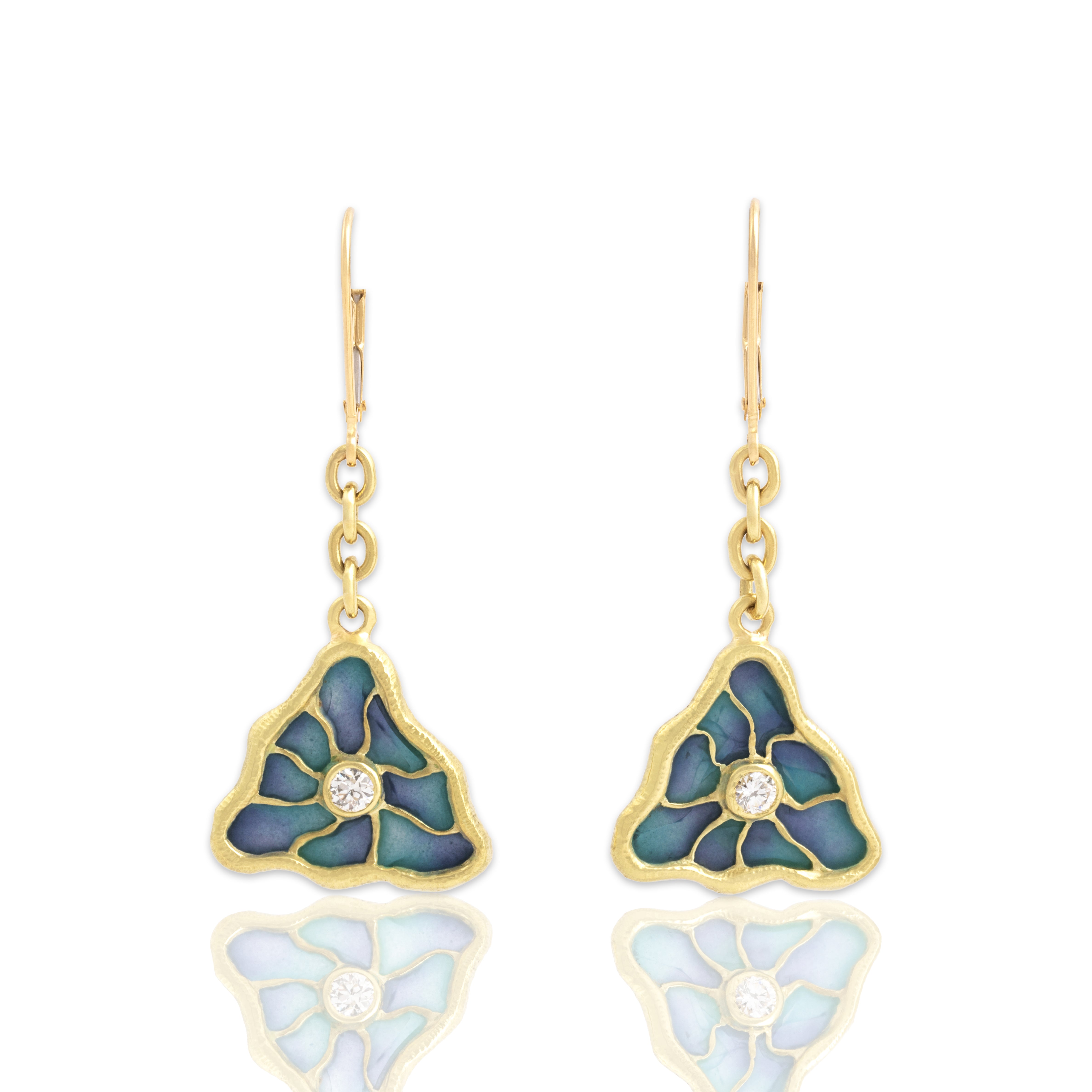 Vintage 18k Yellow Gold Old European Cut Diamond Phenonemal Plique-Ã -Jour Enamel Artistic Triangle Dangle Earrings - Close-up view
