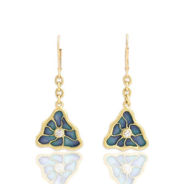 Vintage 18k Yellow Gold Old European Diamond Plique-À-Jour Enamel Dangle Earrings