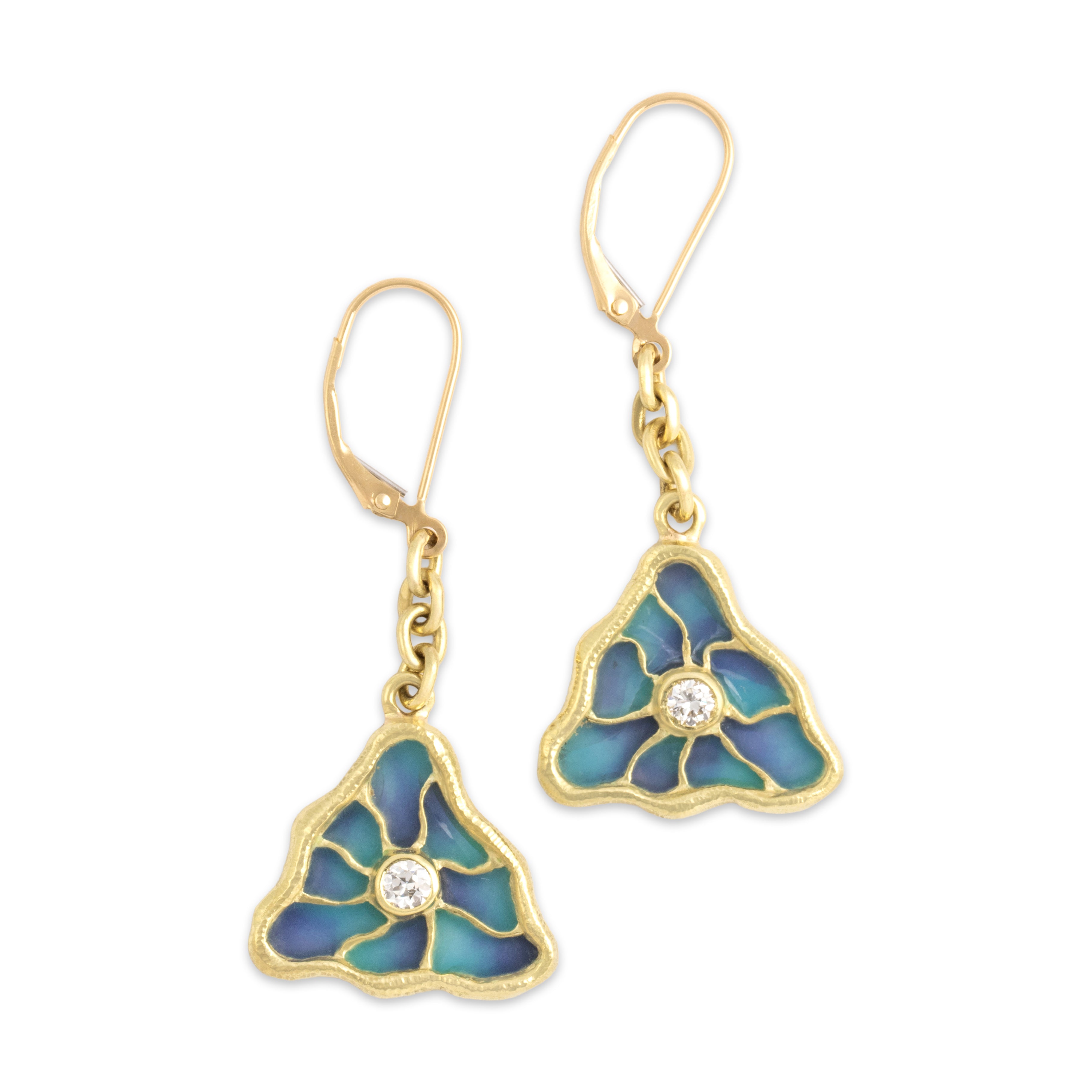 Vintage 18k Yellow Gold Old European Cut Diamond Phenonemal Plique-Ã -Jour Enamel Artistic Triangle Dangle Earrings - Overall view