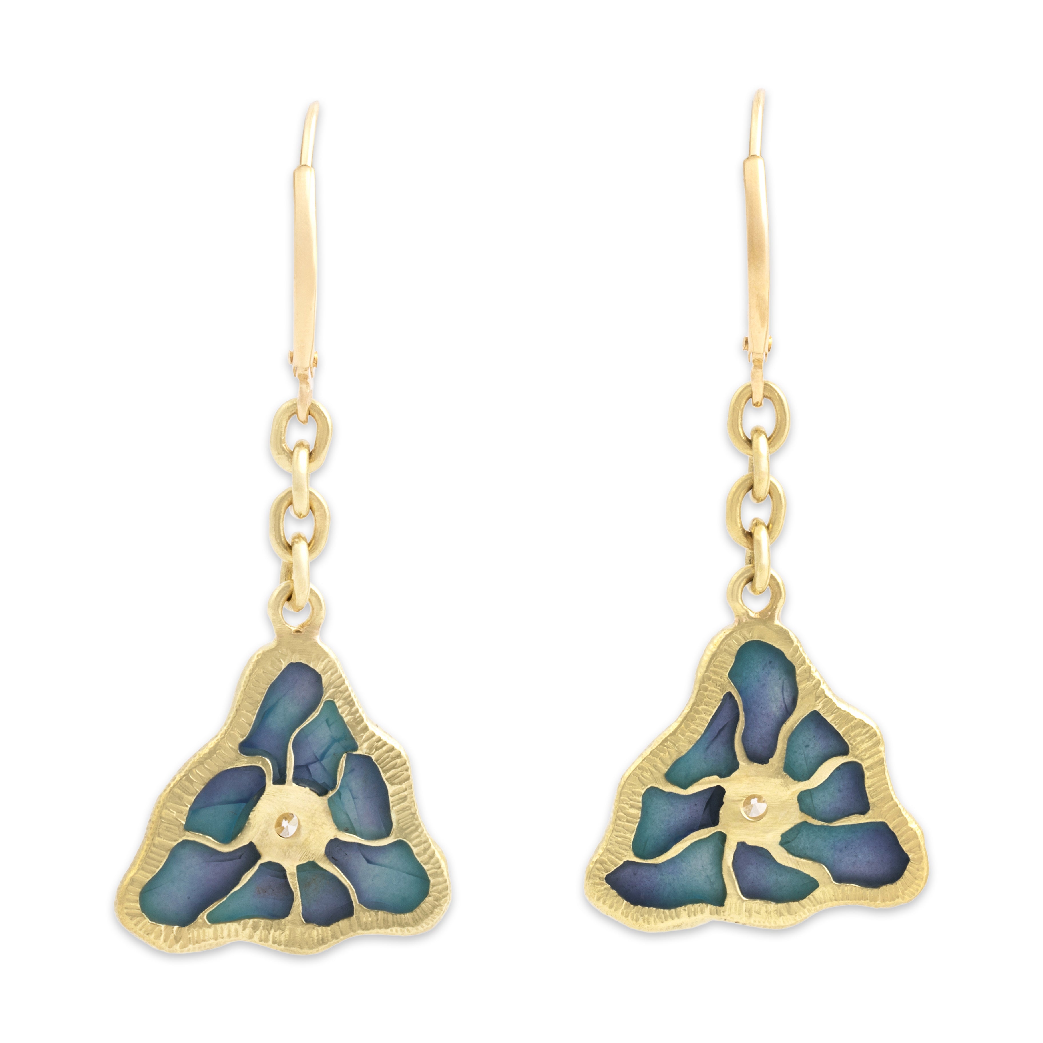 Vintage 18k Yellow Gold Old European Cut Diamond Phenonemal Plique-Ã -Jour Enamel Artistic Triangle Dangle Earrings - Back view
