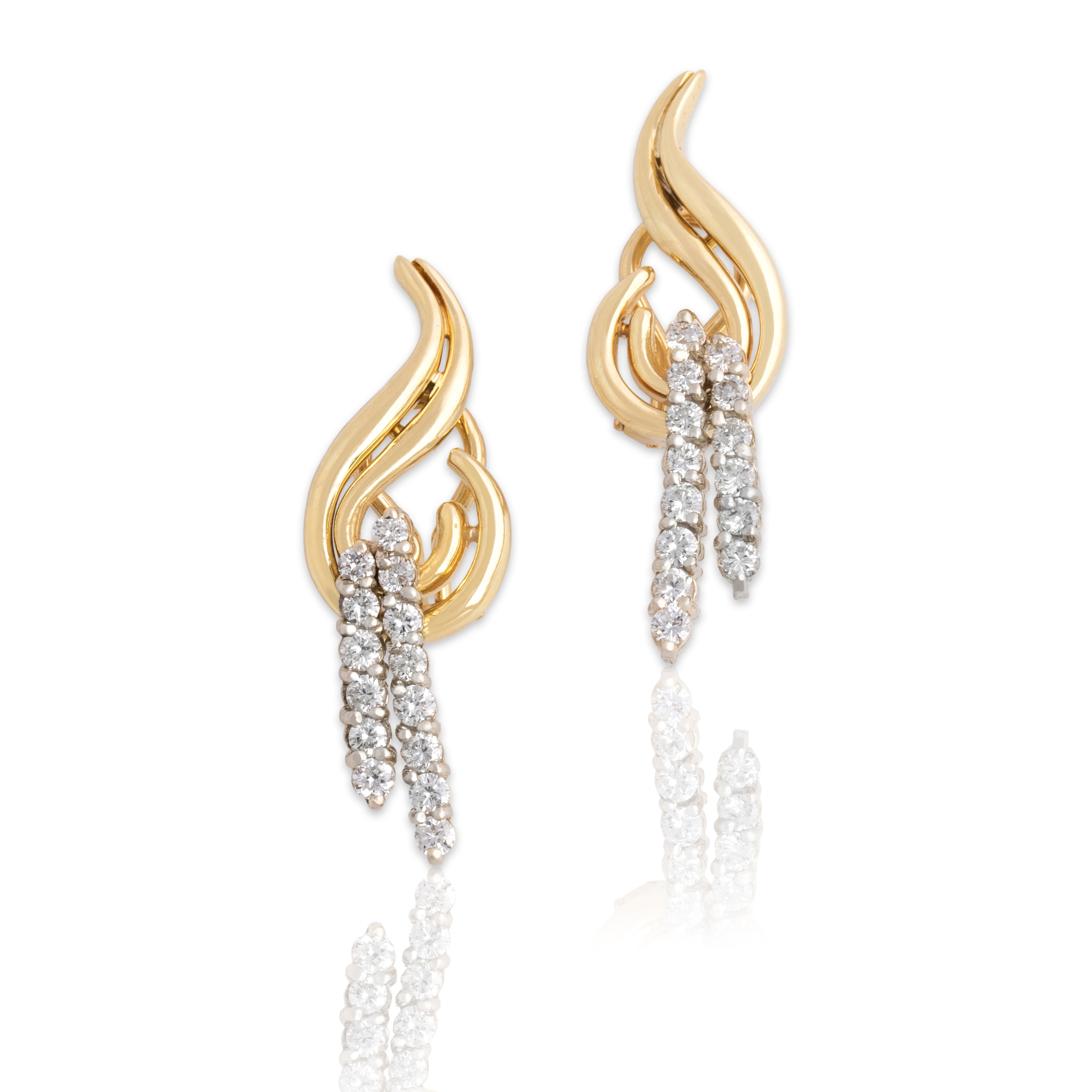Vintage 14k Yellow & White Gold 1.13cttw Diamond Stunning Substantial Swirl Omega Back Dangle Statement Earrings - Close-up view