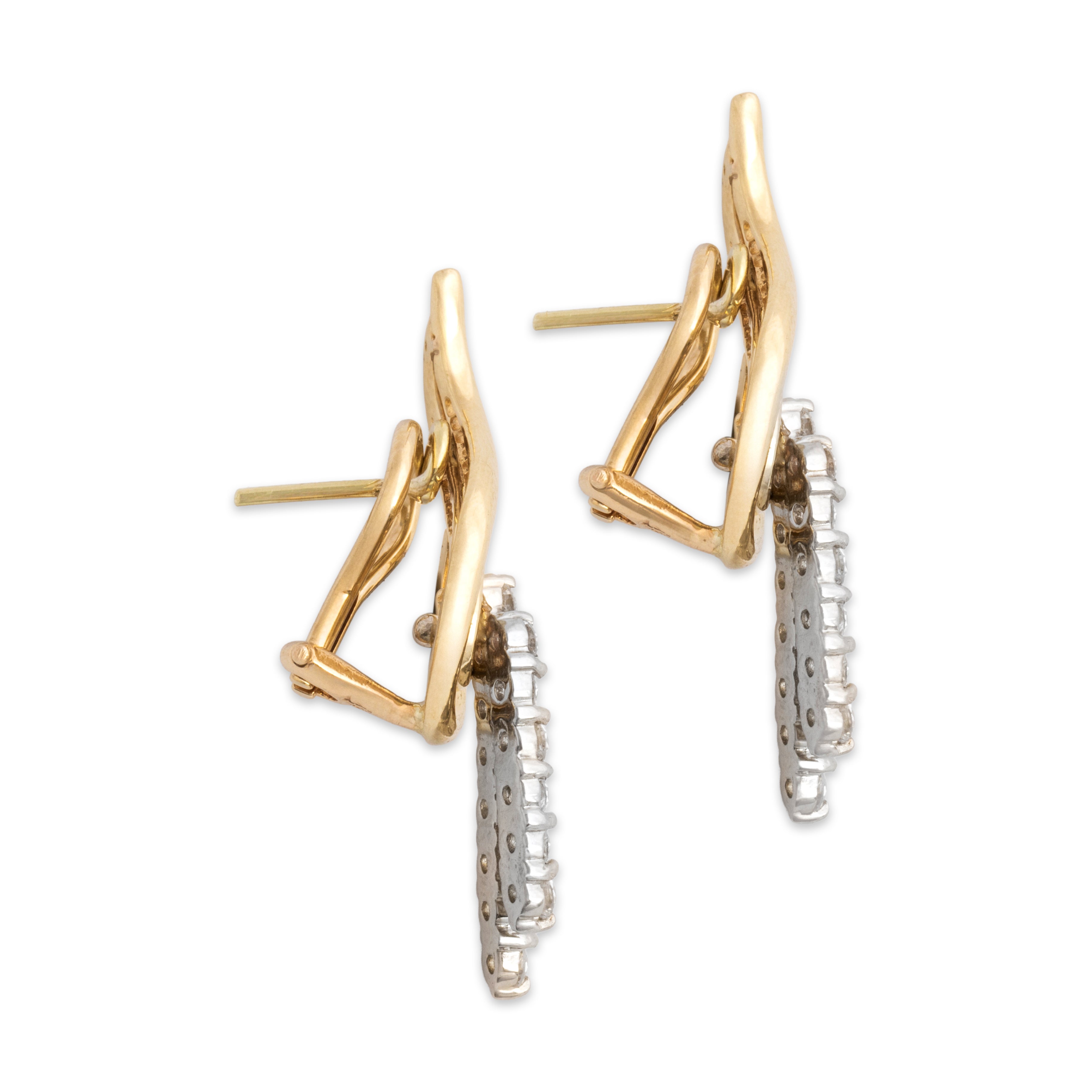 Vintage 14k Yellow & White Gold 1.13cttw Diamond Stunning Substantial Swirl Omega Back Dangle Statement Earrings - Side view