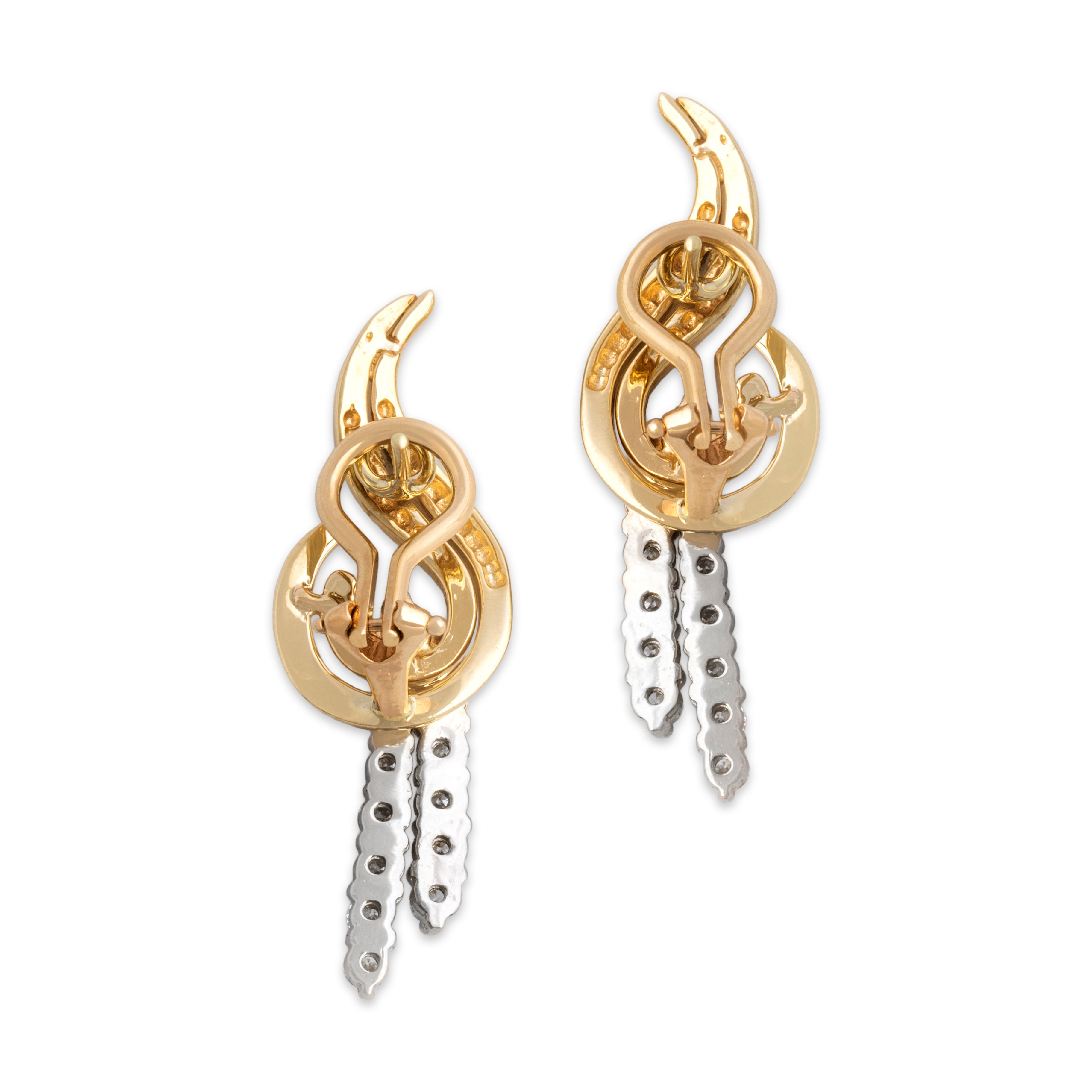 Vintage 14k Yellow & White Gold 1.13cttw Diamond Stunning Substantial Swirl Omega Back Dangle Statement Earrings - Back view