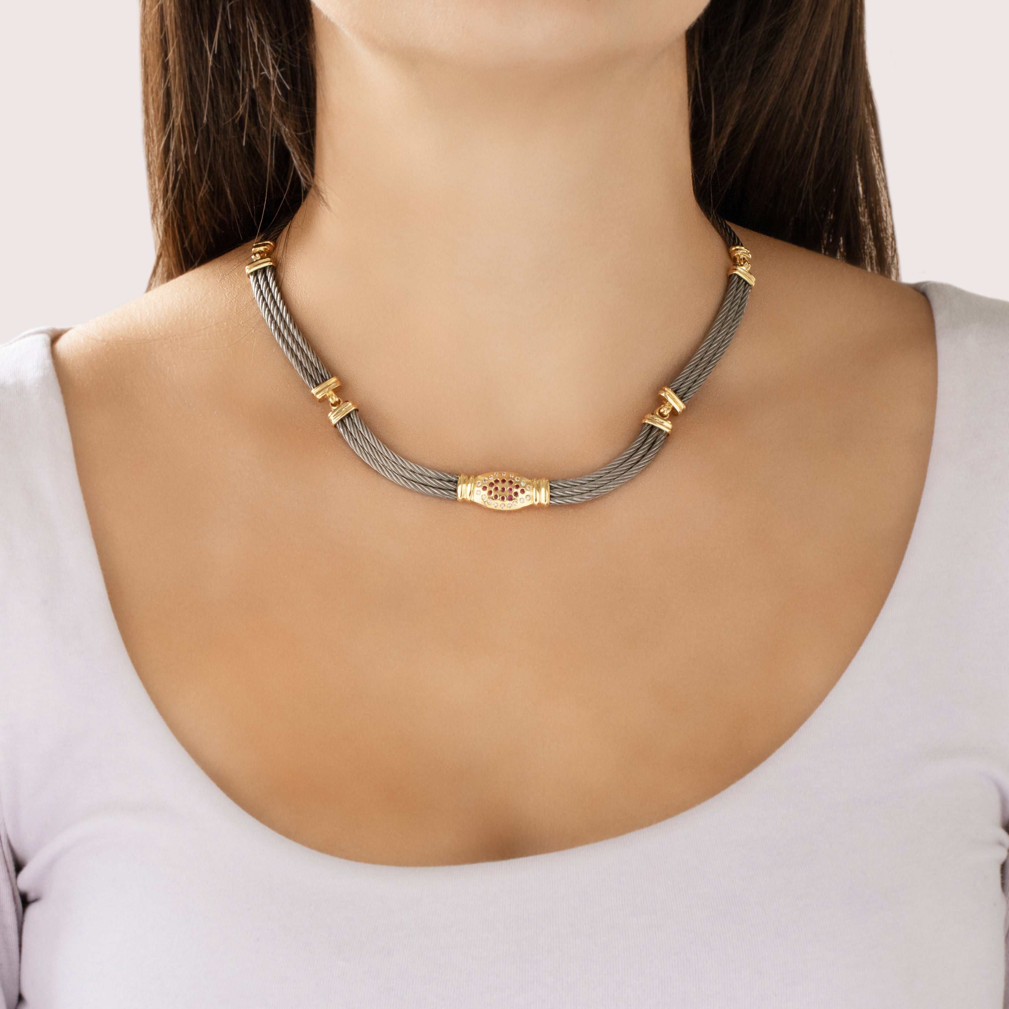 Vintage 18k Yellow Gold Diamond Ruby Wonderful Cable Pavã© Cluster Necklace - On model view