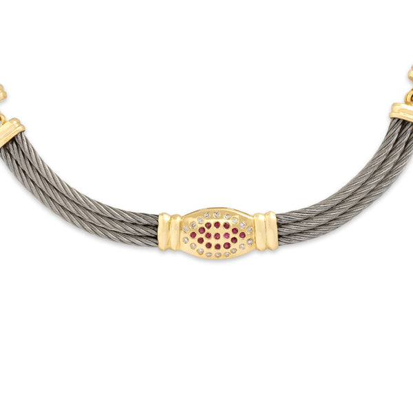 Vintage 18k Yellow Gold Steel Diamond Ruby Wonderful Cable Cluster Necklace 16