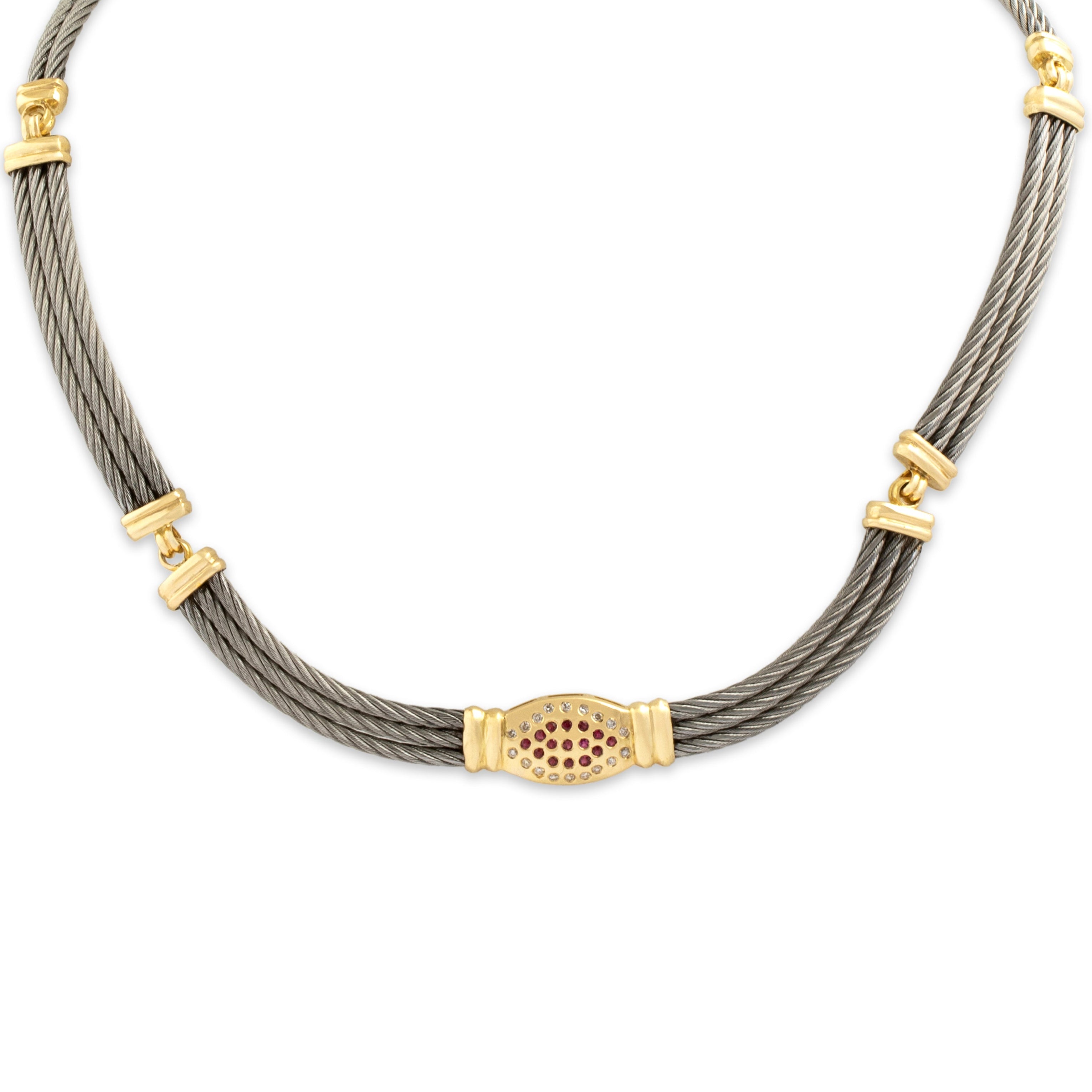 Vintage 18k Yellow Gold Diamond Ruby Wonderful Cable Pavã© Cluster Necklace - detail view #1