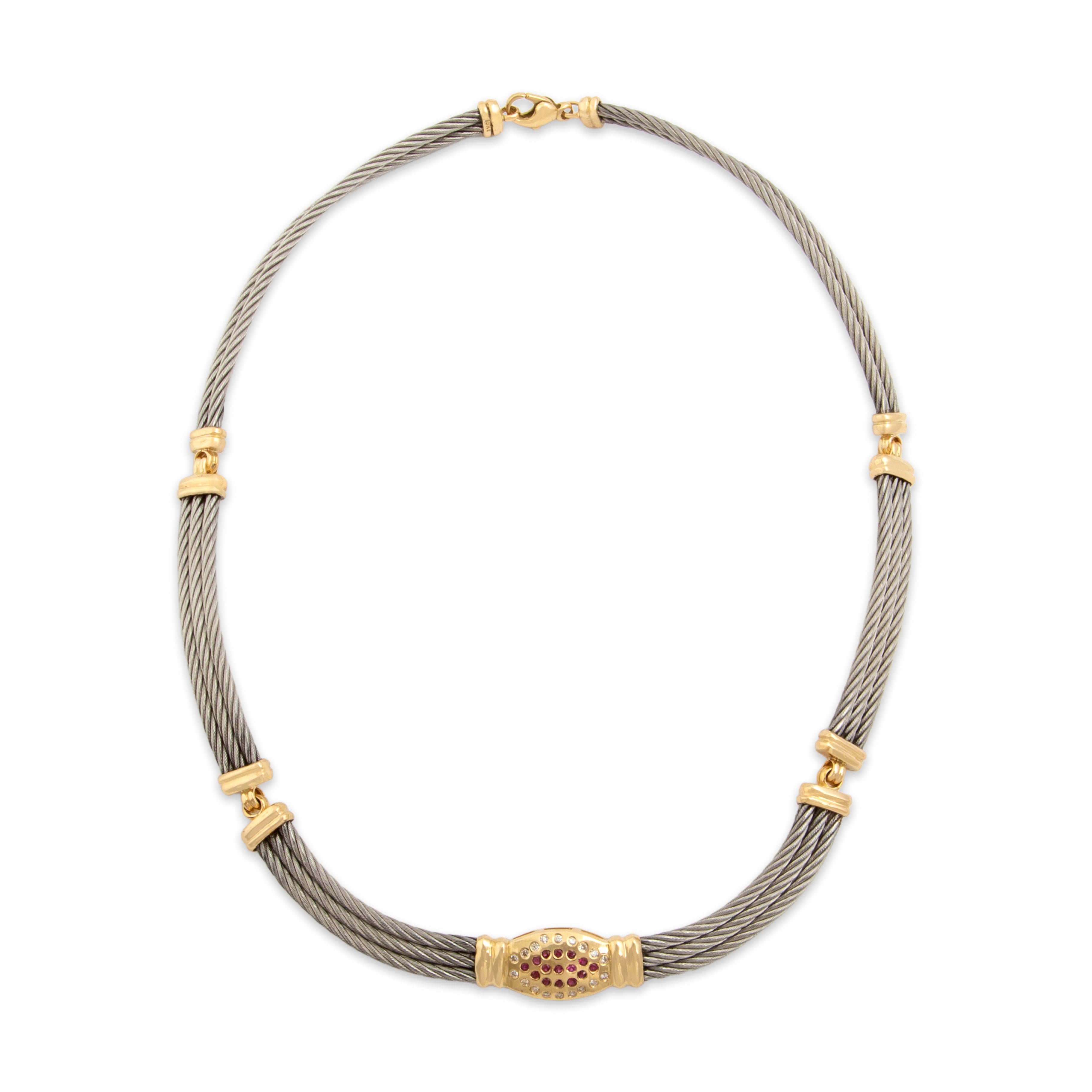 Vintage 18k Yellow Gold Diamond Ruby Wonderful Cable Pavã© Cluster Necklace - Close-up view