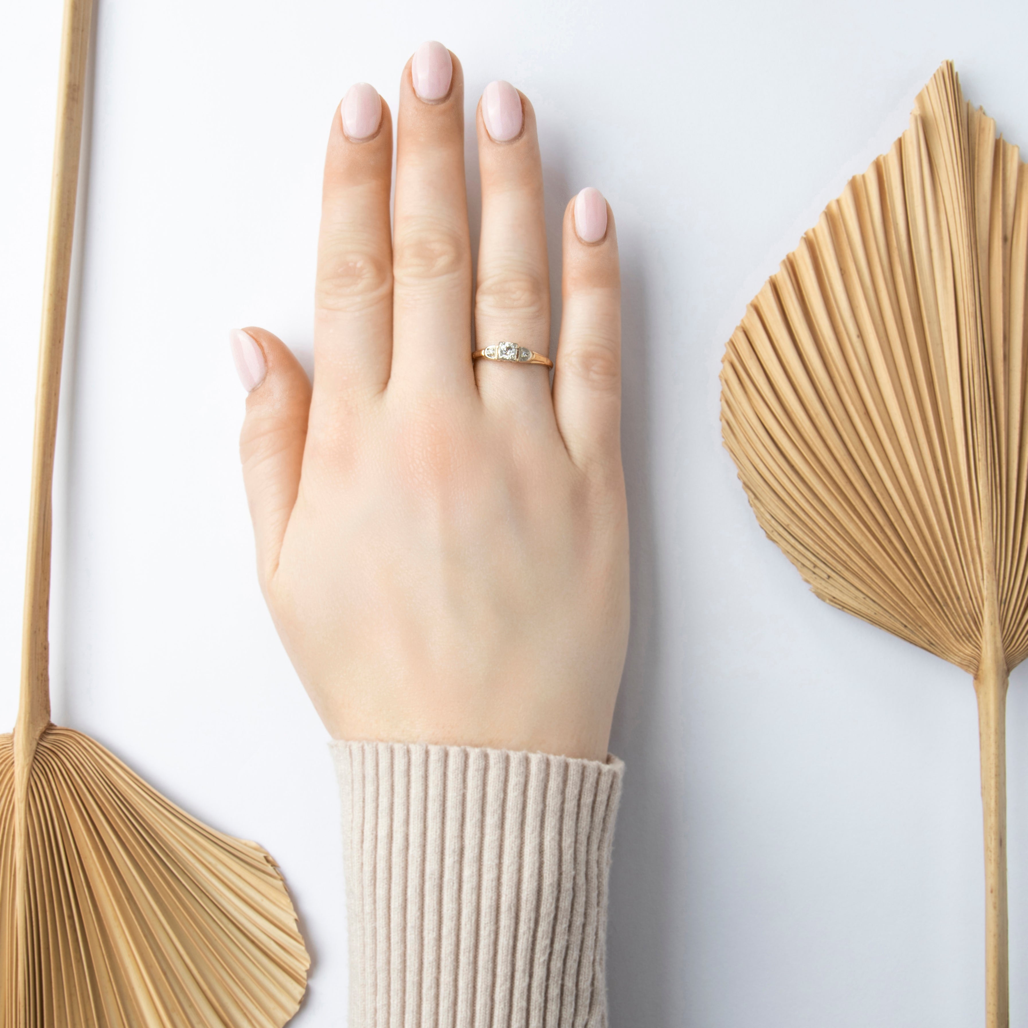 Antique 14k Yellow Gold Old Mine Cut Diamond Diamond Classic Sparkling Trio Ring - On model view