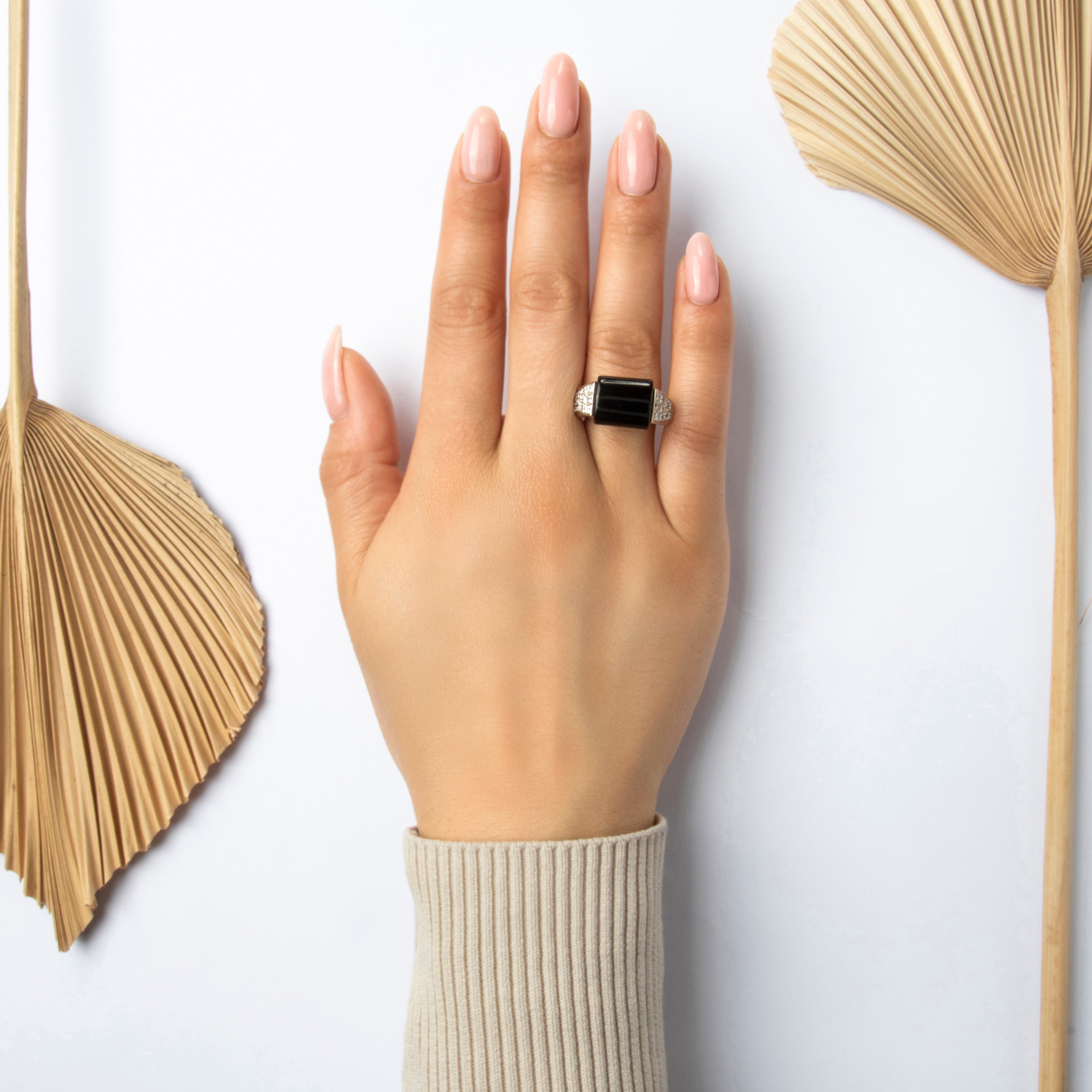 Vintage Heavy Bold 18k Yellow Gold 7.48ct Onyx .72cttw Diamond Sparkling Shoulder Cocktail Ring - On model view