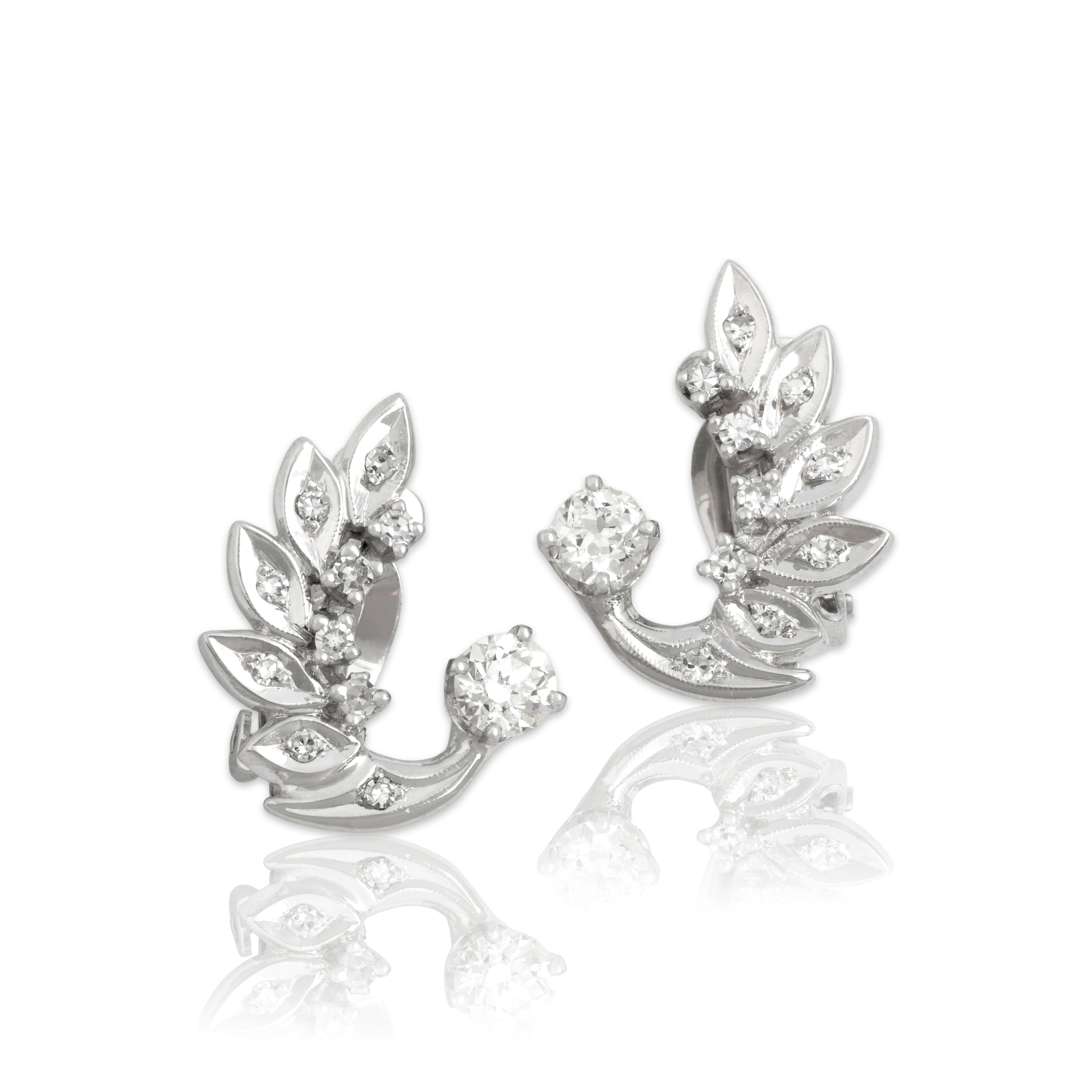 Vintage Large Incredible 14k White Gold .78cttw Old European Cut Diamond Diamond Climbing Laurel Stud Earrings - Close-up view