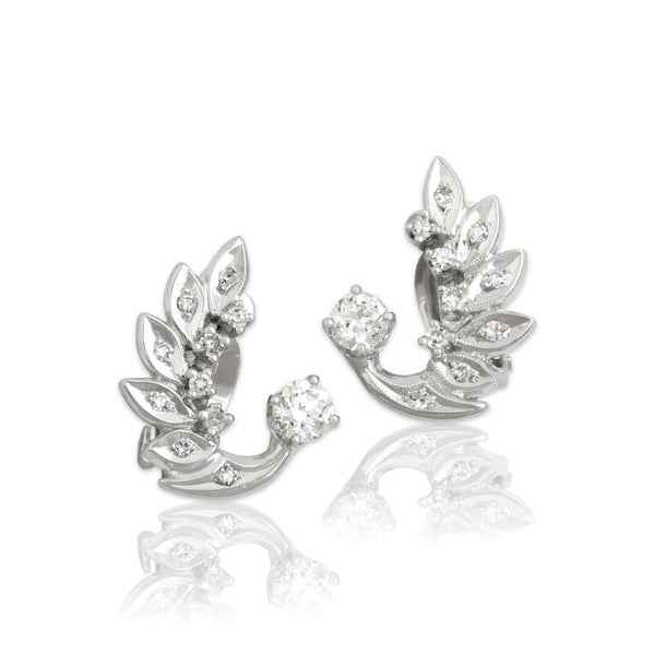 Vintage Large 14k White Gold .78cttw Old European Diamond Climbing Laurel Earrings