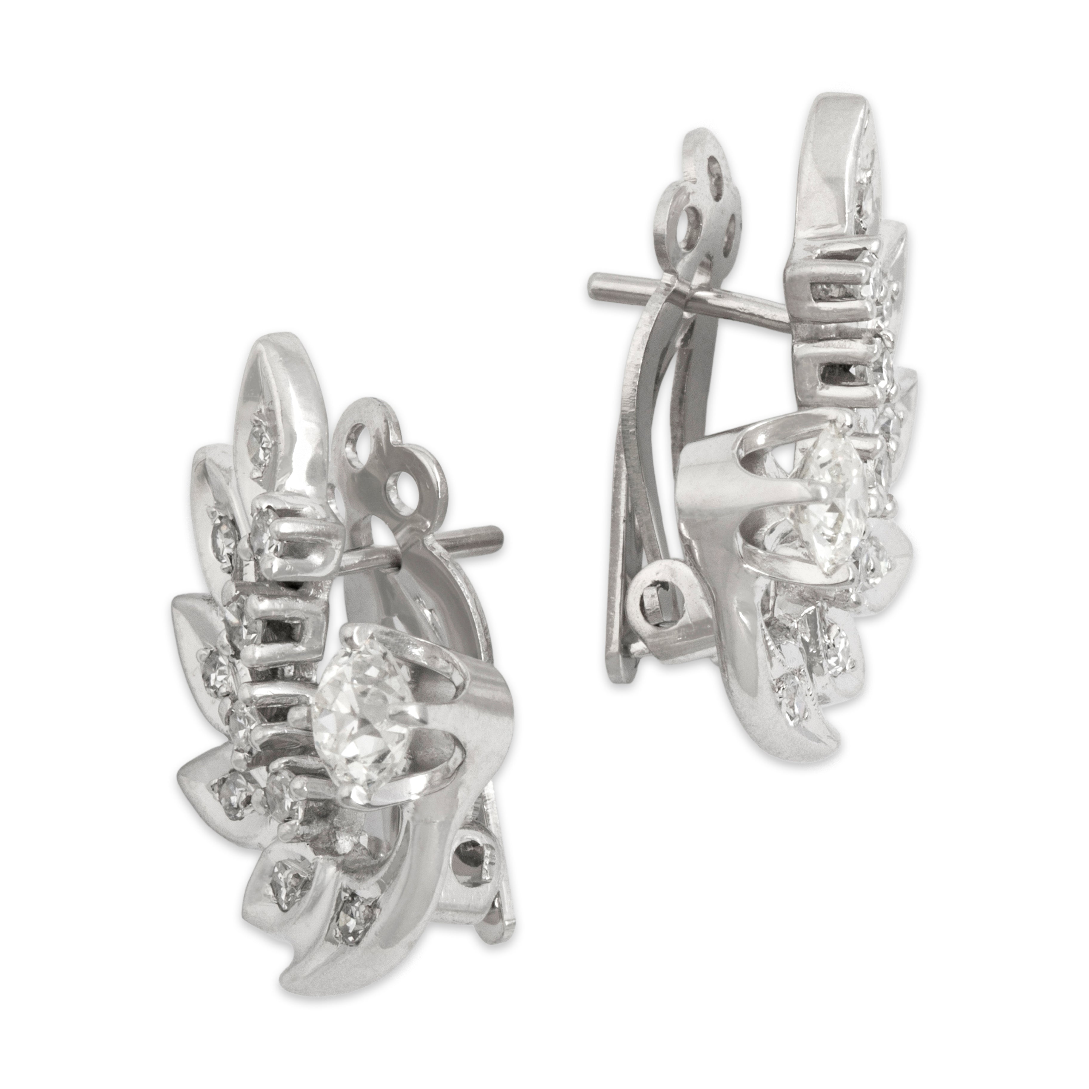 Vintage Large Incredible 14k White Gold .78cttw Old European Cut Diamond Diamond Climbing Laurel Stud Earrings - Side view