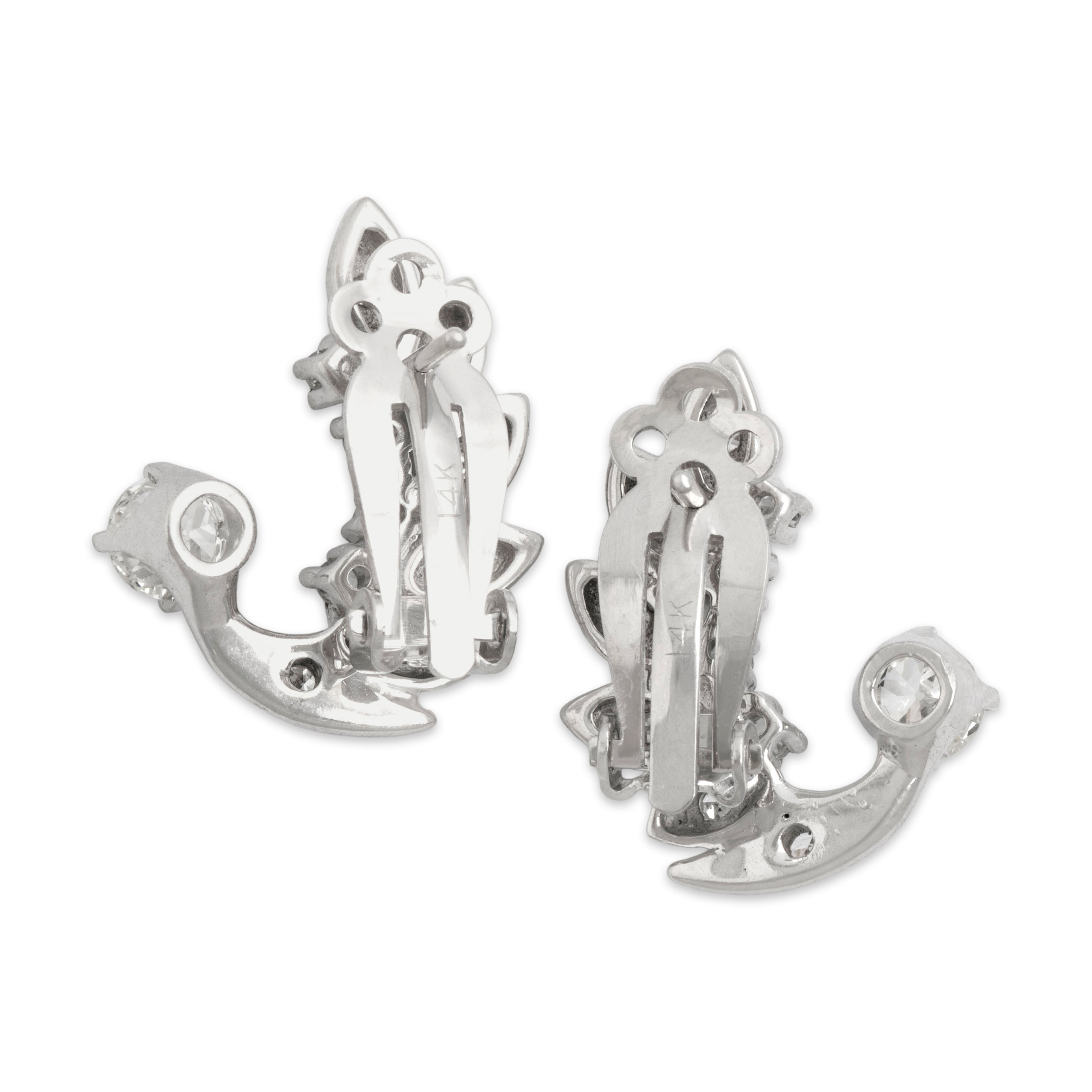 Vintage Large Incredible 14k White Gold .78cttw Old European Cut Diamond Diamond Climbing Laurel Stud Earrings - Back view