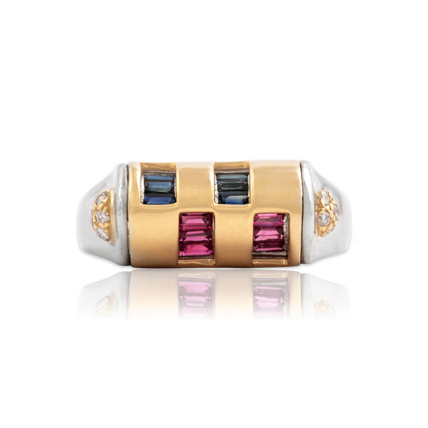 Vintage Platinum & 18k Yellow Gold Sapphire Ruby Diamond Bolted Ring 7.00