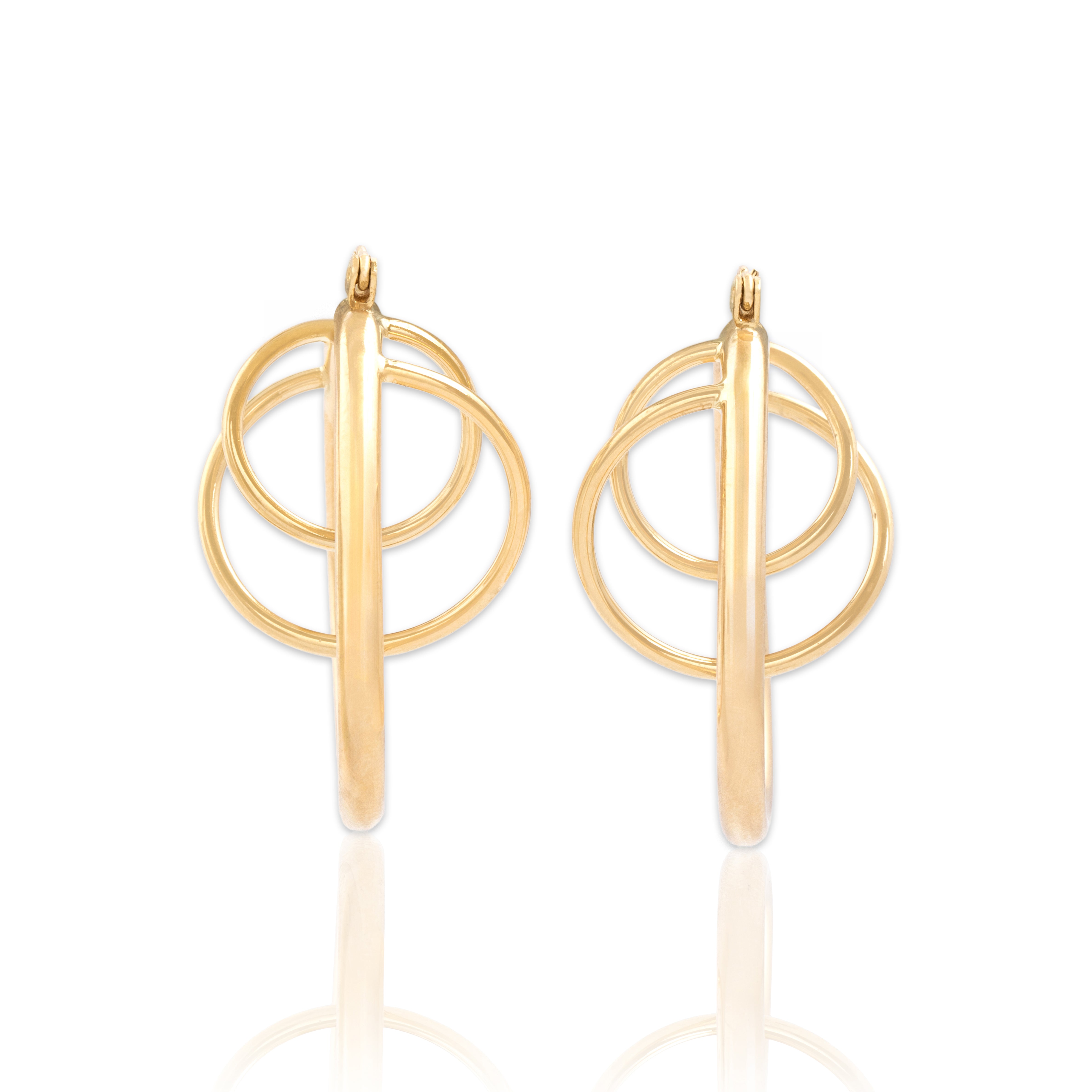 Vintage Large 14k Yellow Gold Orbiting Loop Hoop Earrings - Close-up view