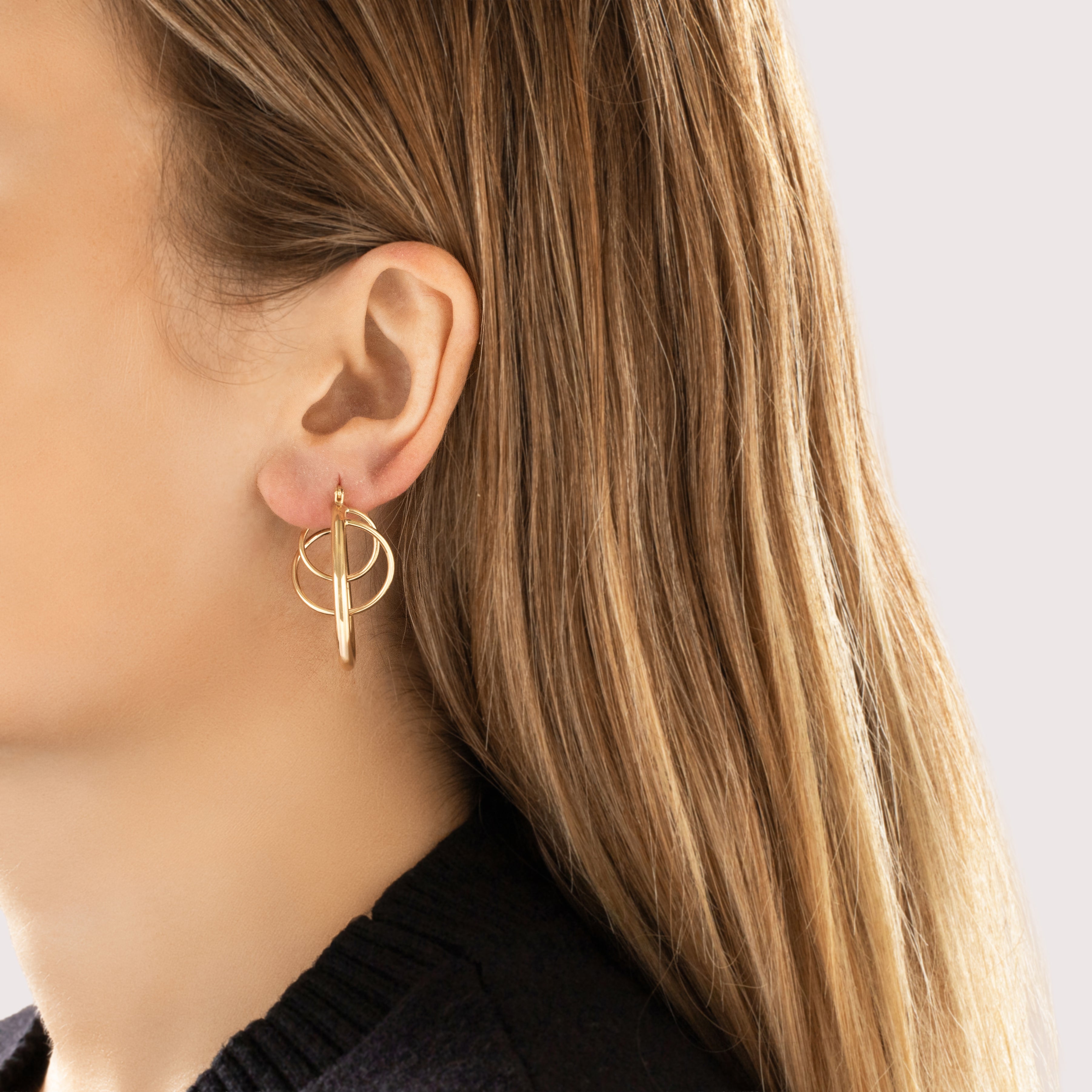 Vintage Large 14k Yellow Gold Orbiting Loop Hoop Earrings - On model view