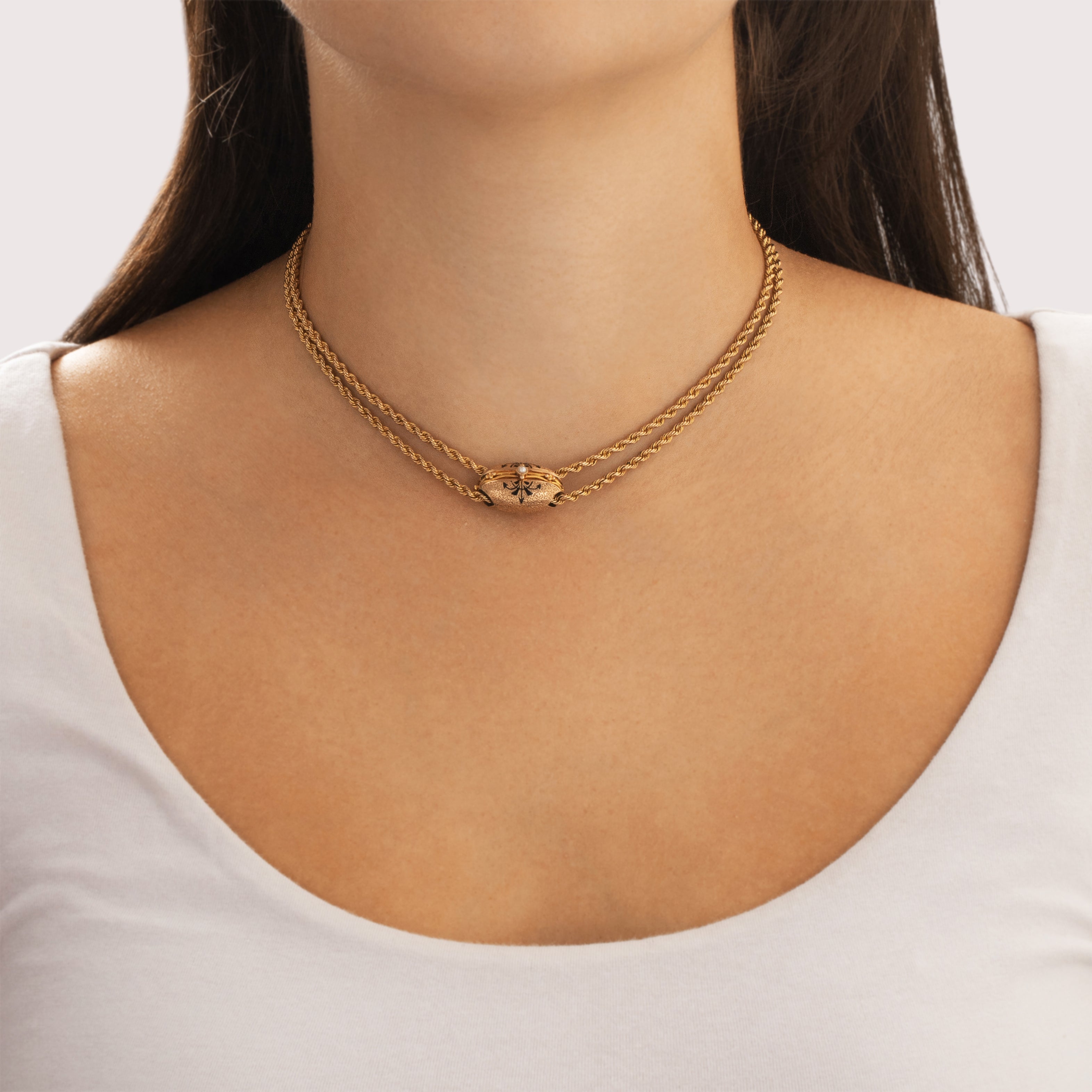 Antique Victorian 14k Yellow Gold Pearl Wonderful Enamel Slide Clip Necklace - On model view