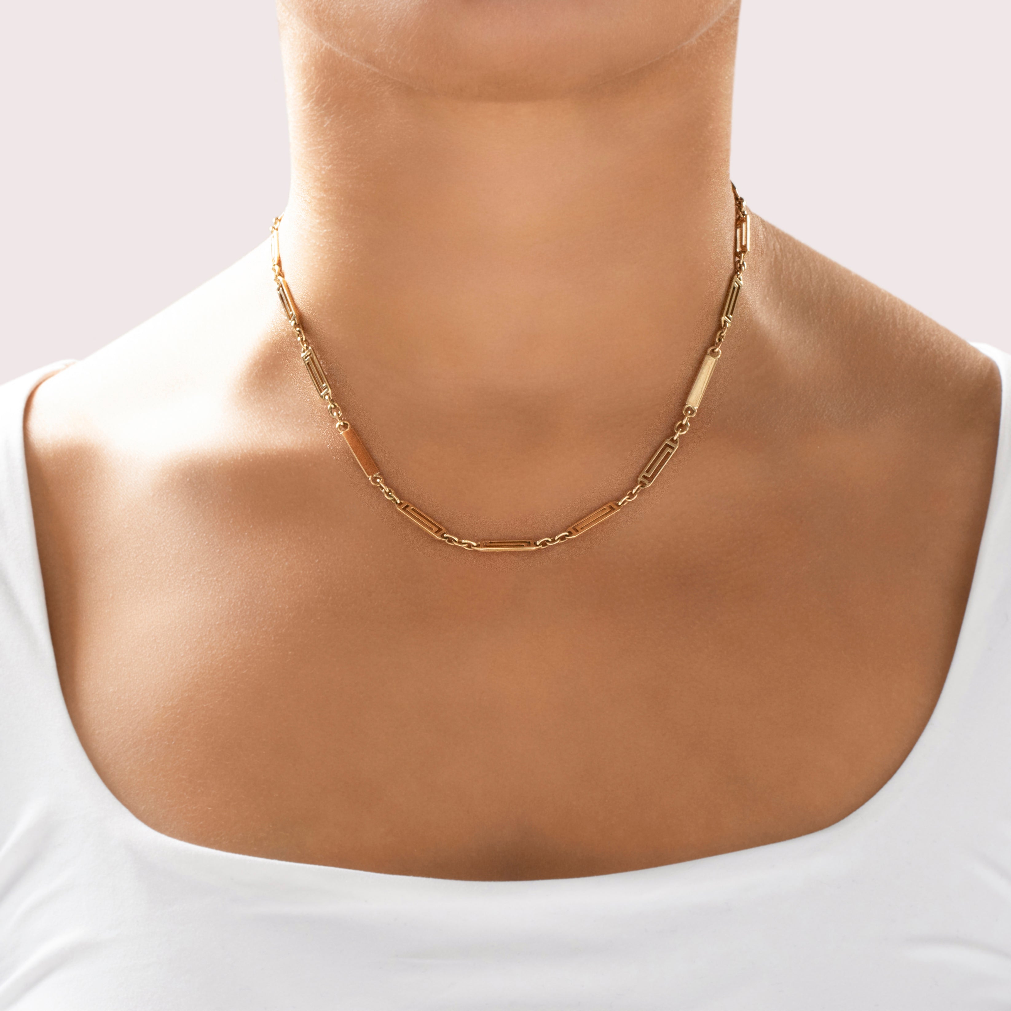 Antique 14k Rosy Yellow Gold Elongated Geometric Bar Link Watch Chain Necklace - On model view