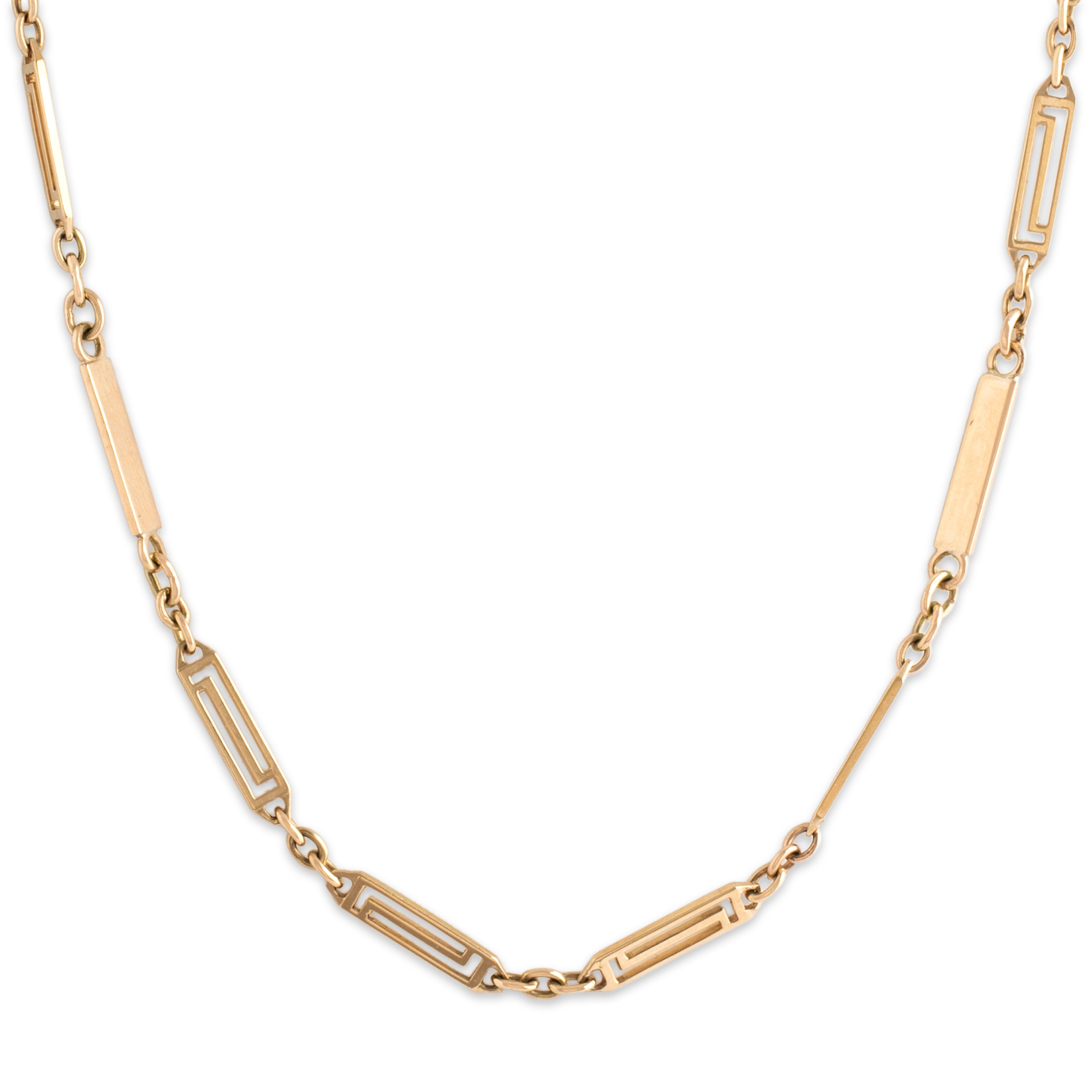 Antique 14k Rosy Yellow Gold Elongated Geometric Bar Link Watch Chain Necklace - Close-up view