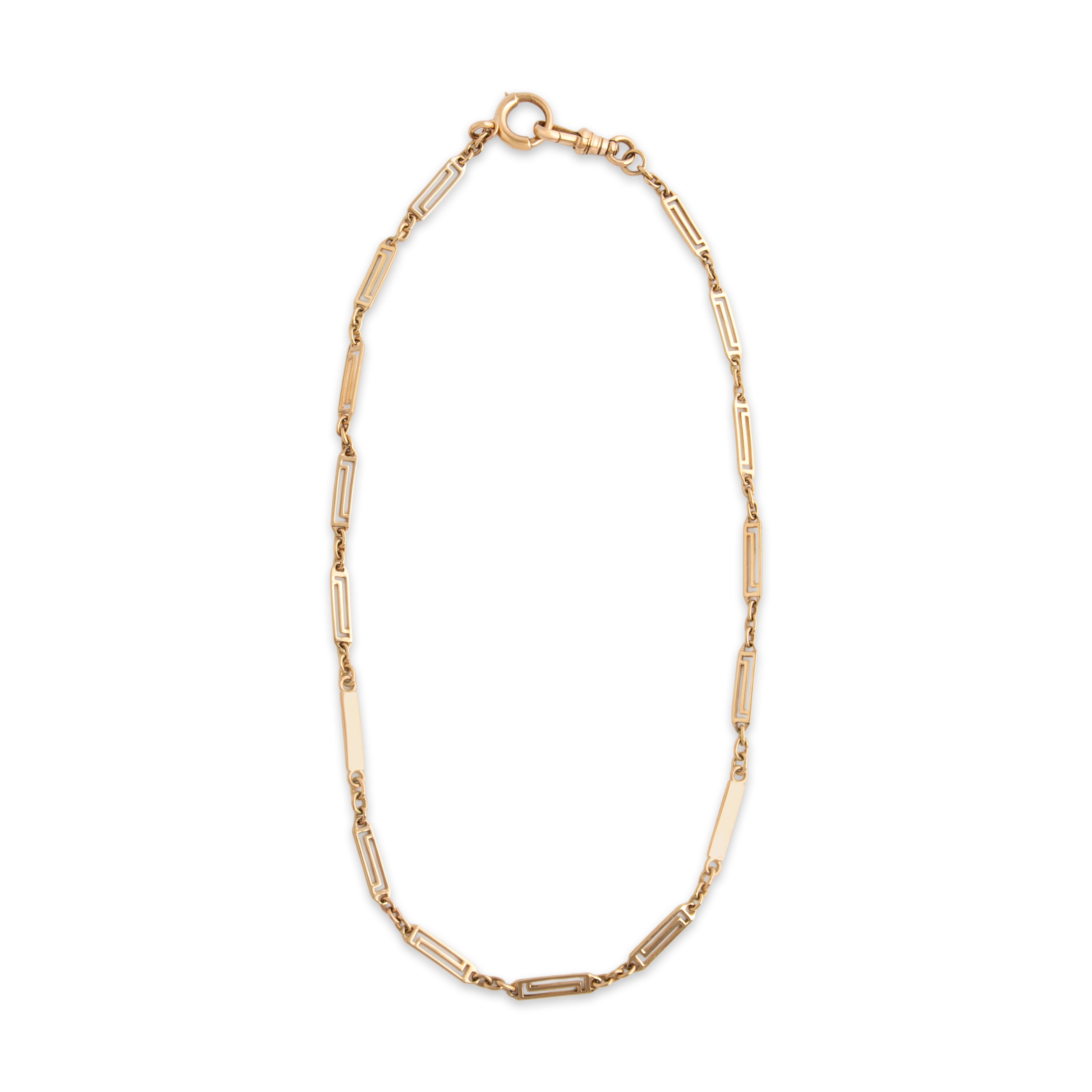 Antique 14k Rosy Yellow Gold Elongated Geometric Bar Link Watch Chain Necklace - Overall view