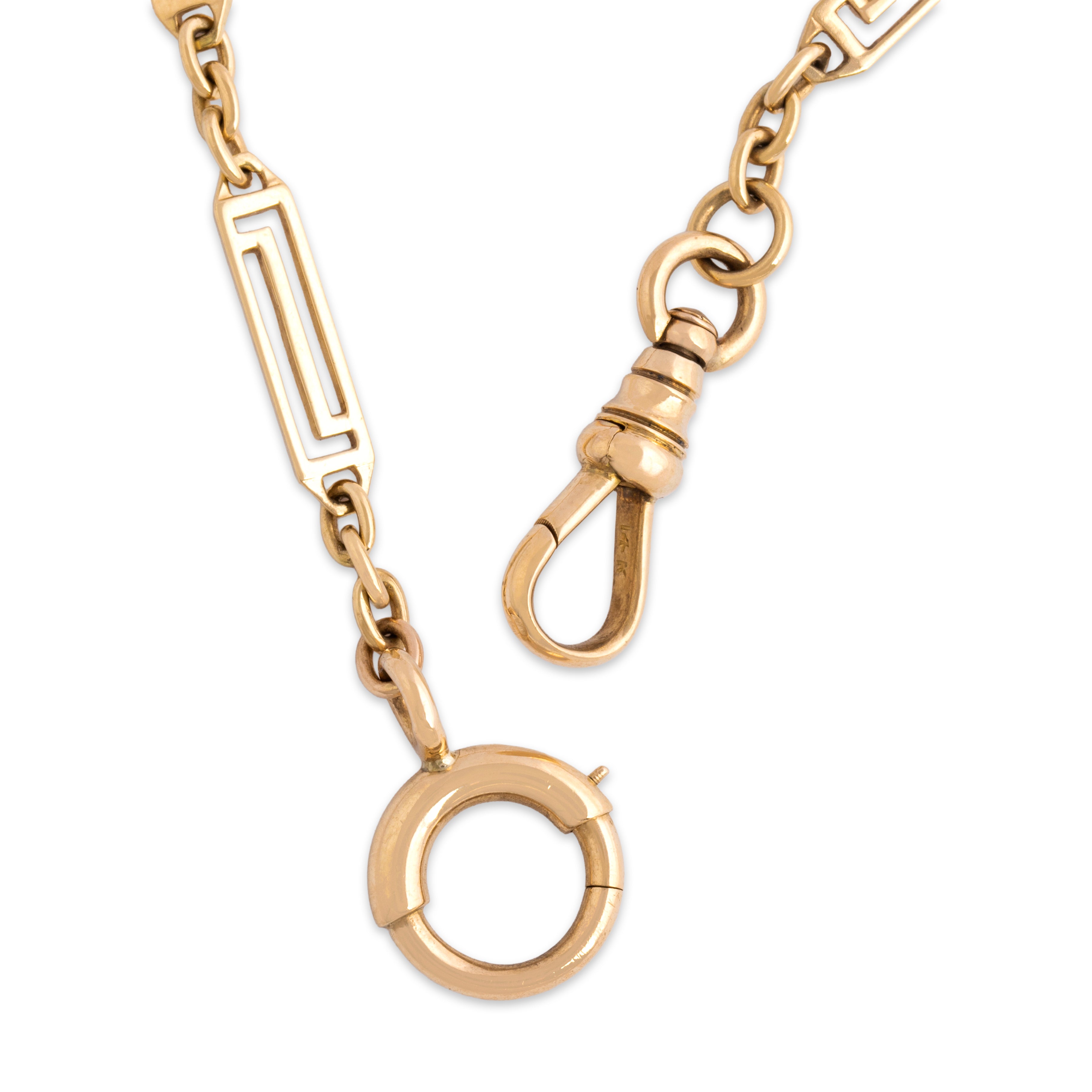 Antique 14k Rosy Yellow Gold Elongated Geometric Bar Link Watch Chain Necklace - clasp view