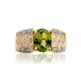 Vintage 14k Yellow Gold 2.15ct Peridot Diamond Bold Geometric Milgrain Ring 8.75